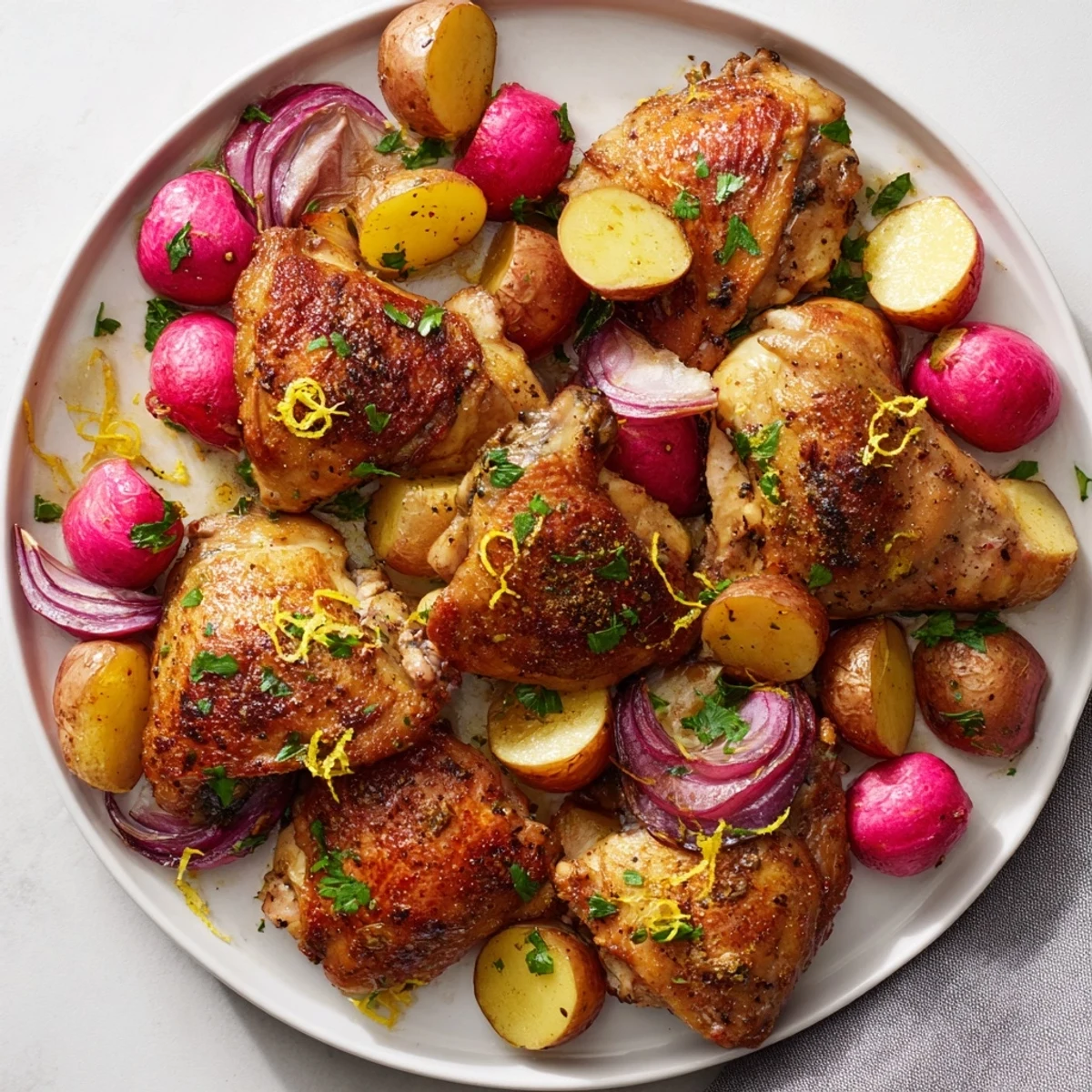 Golden-brown Roasted Radish & Chicken Sheet Pan, a complete savory dinner with lemon and herbs.