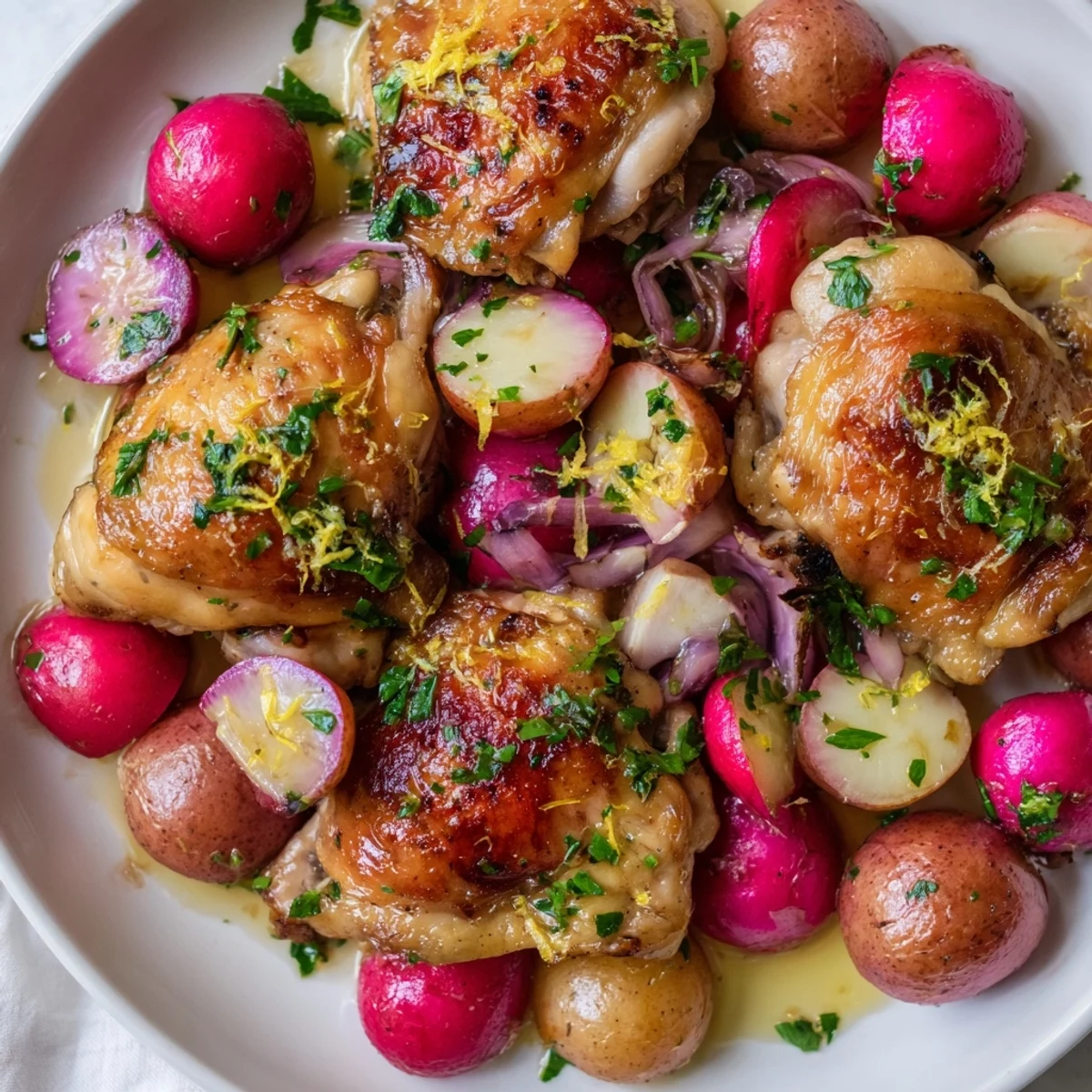 Sizzling, fragrant Roasted Radish & Chicken Sheet Pan, a satisfying gluten-free American meal ready to serve.