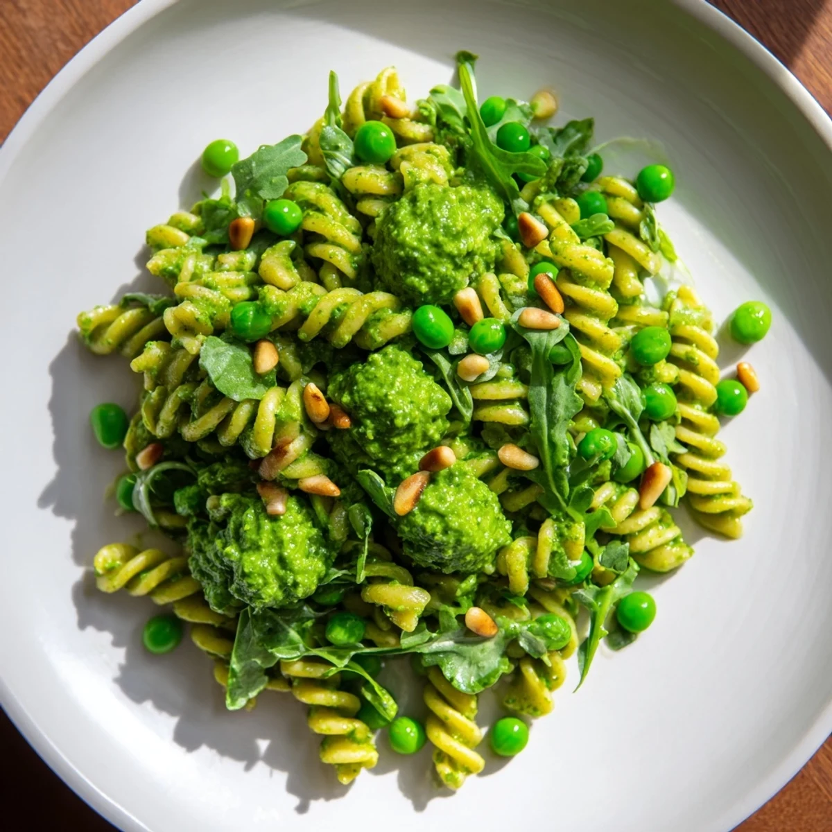 Cool, refreshing spring green pesto pasta salad, offering a delightful blend of basil and olive oil flavors.