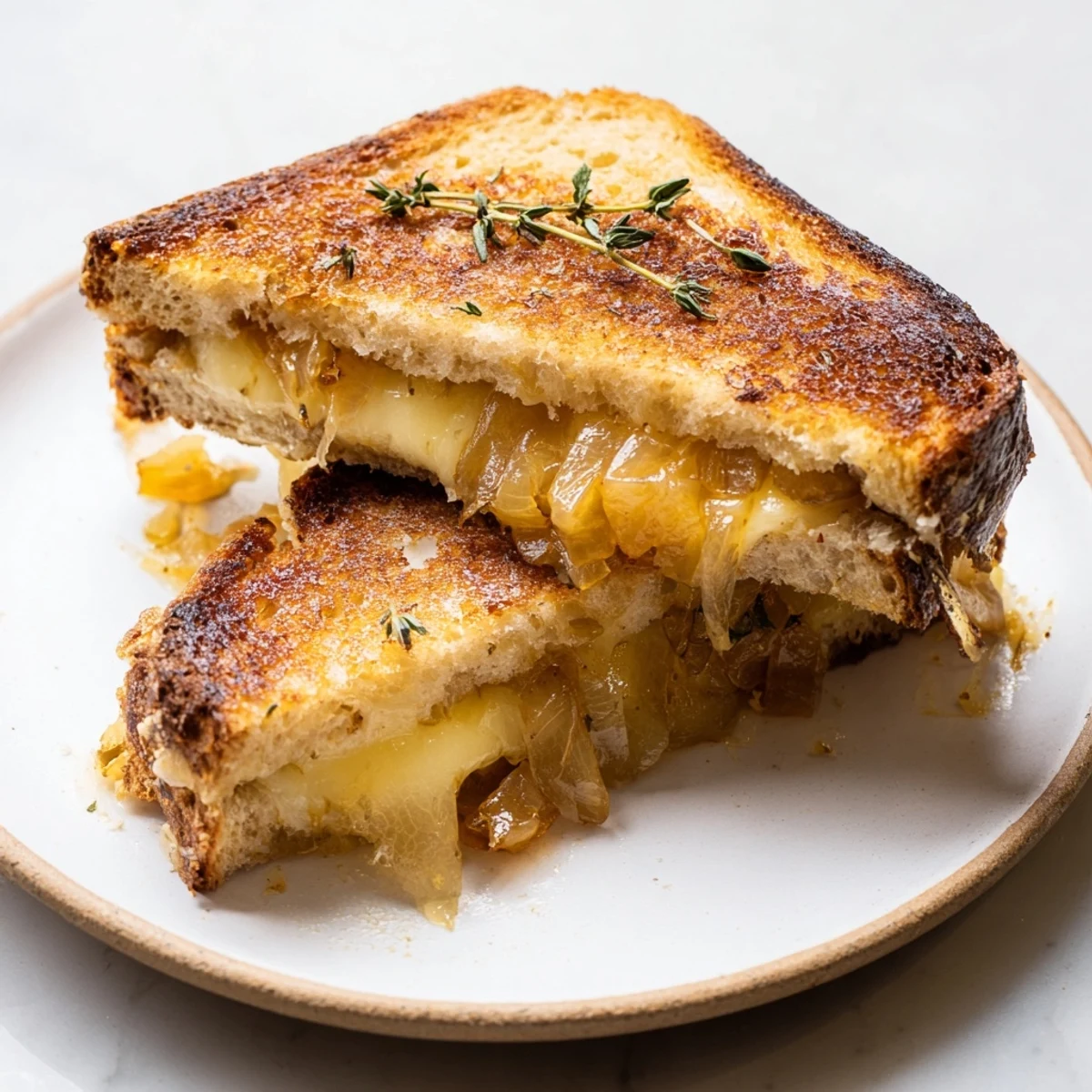 Golden, melted Gruyère oozes from a Caramelized Onion & Gruyère Grilled Cheese, ready to be devoured.