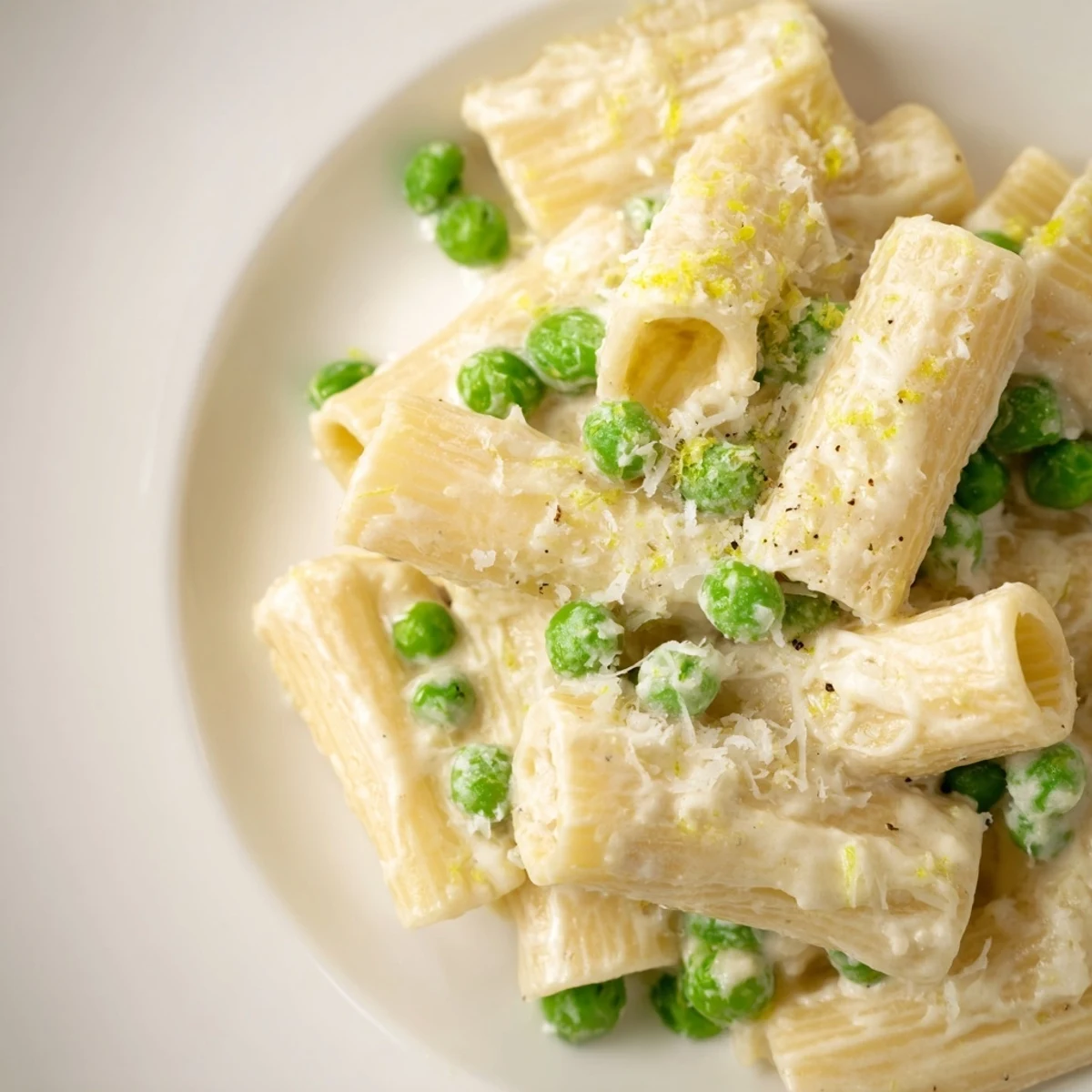 Creamy Pea & Lemon Ricotta Pasta, tossed with bright peas and lemon slices, ready to serve.