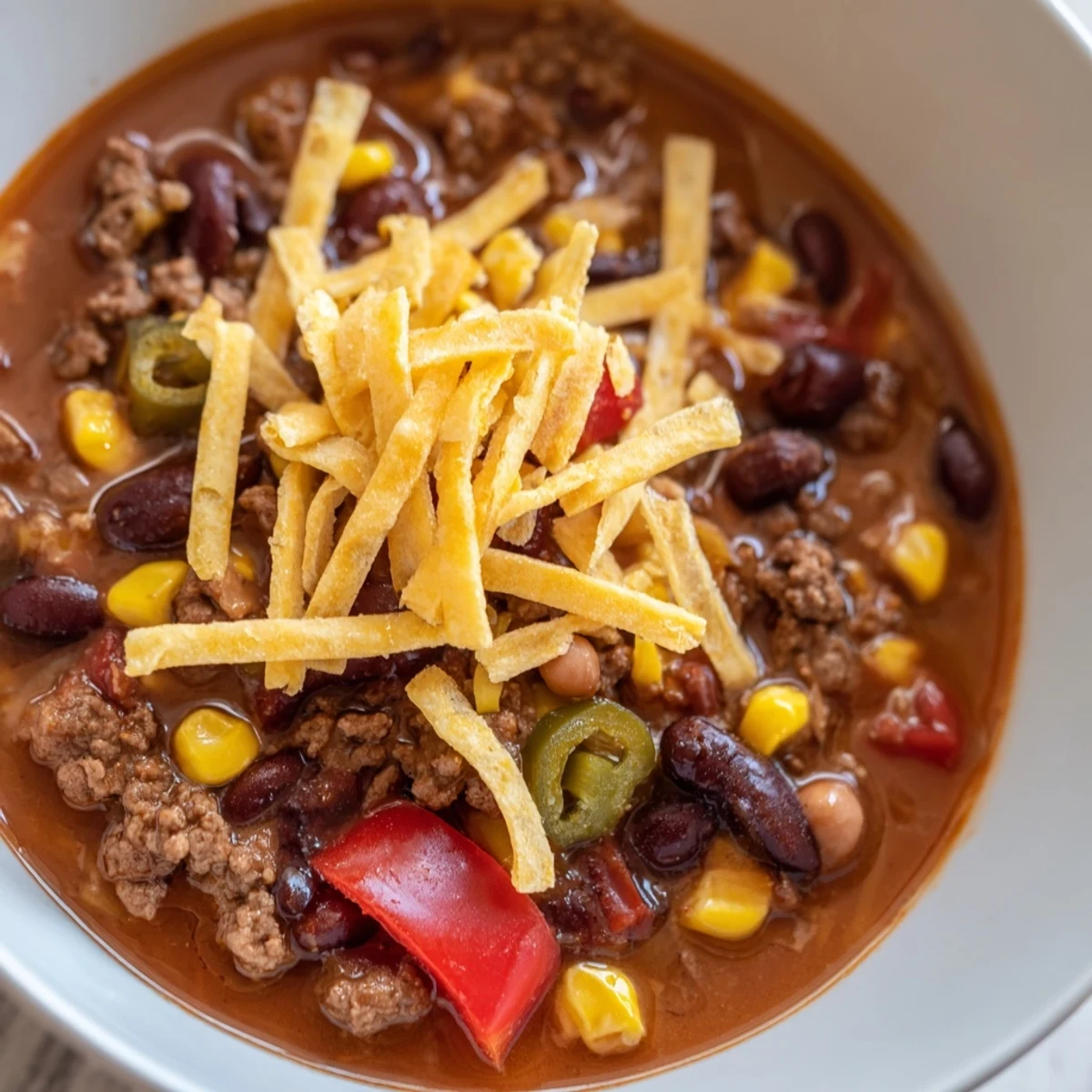 A pot of Tex-Mex Taco Soup simmering on the stove with beans, corn, and beef.