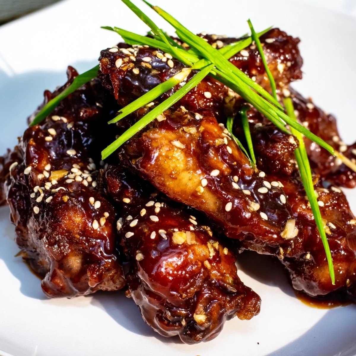 Sticky Coca Cola Chicken Wings glisten on a platter, garnished with sesame seeds and fresh scallions, served ready for a party.