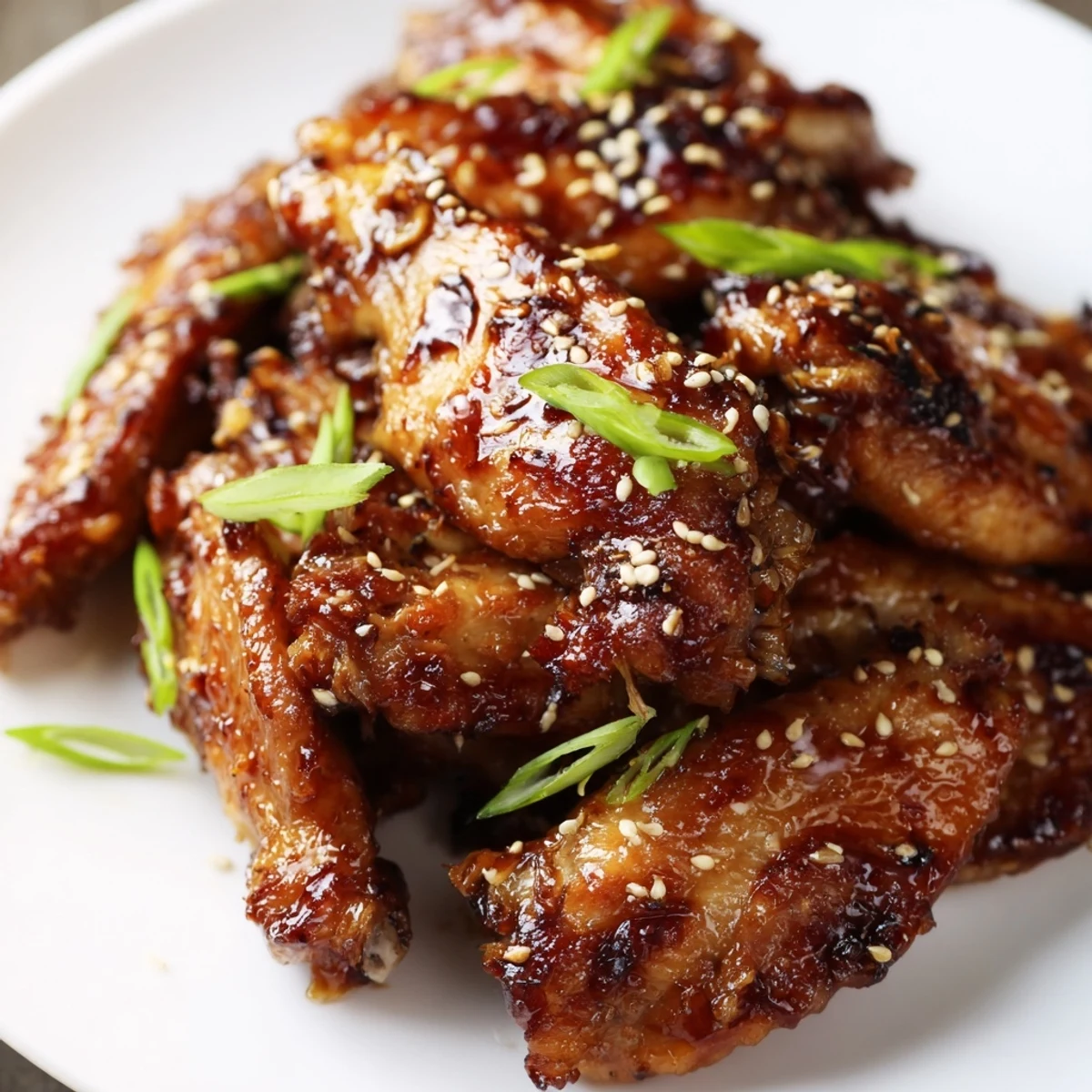 A close-up of glazed Coca Cola Chicken Wings shows deep, sticky sauce and fresh ginger garnish, perfect for game day appetizers.