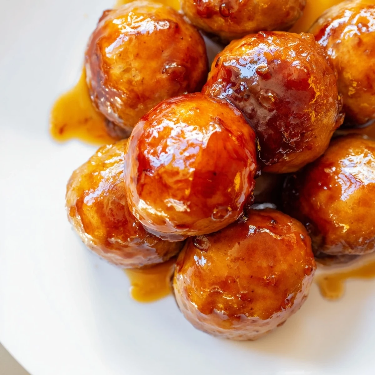 Tender crock pot meatballs coated in tangy peach preserves and soy glaze, steaming in a slow cooker and ready to spoon over fluffy rice.  