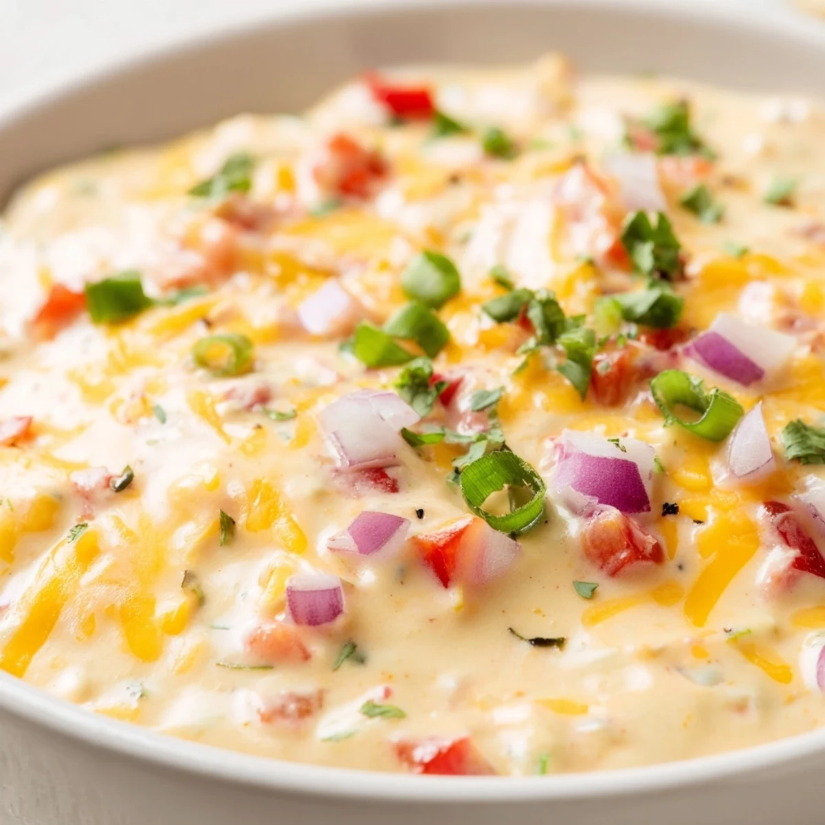 Creamy homemade Queso Dip in a warm ceramic bowl, topped with fresh cilantro, diced tomatoes, and a sprinkle of paprika, served with crispy tortilla chips.