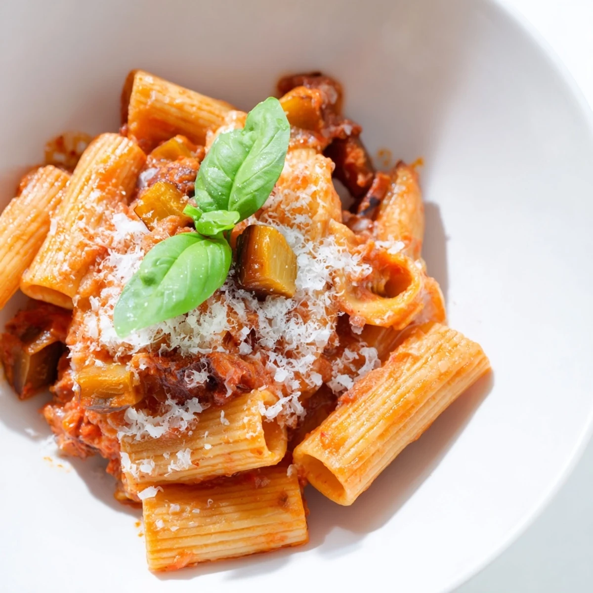 Pasta alla norma served in a rustic bowl, topped with fresh basil leaves and a sprinkle of salty cheese.