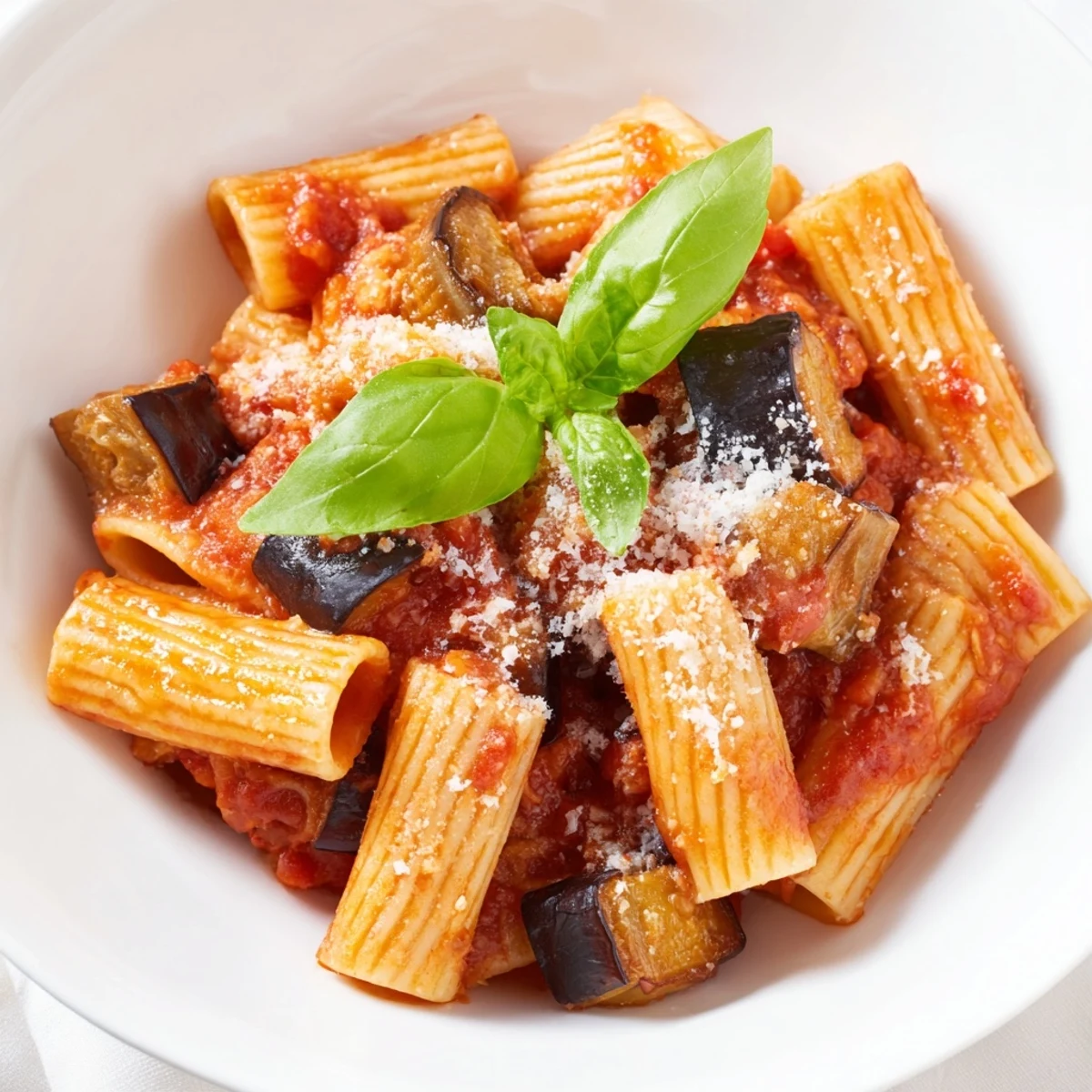 Golden roasted eggplant mingling with al dente pasta in a vibrant Sicilian tomato sauce, garnished with fresh basil.