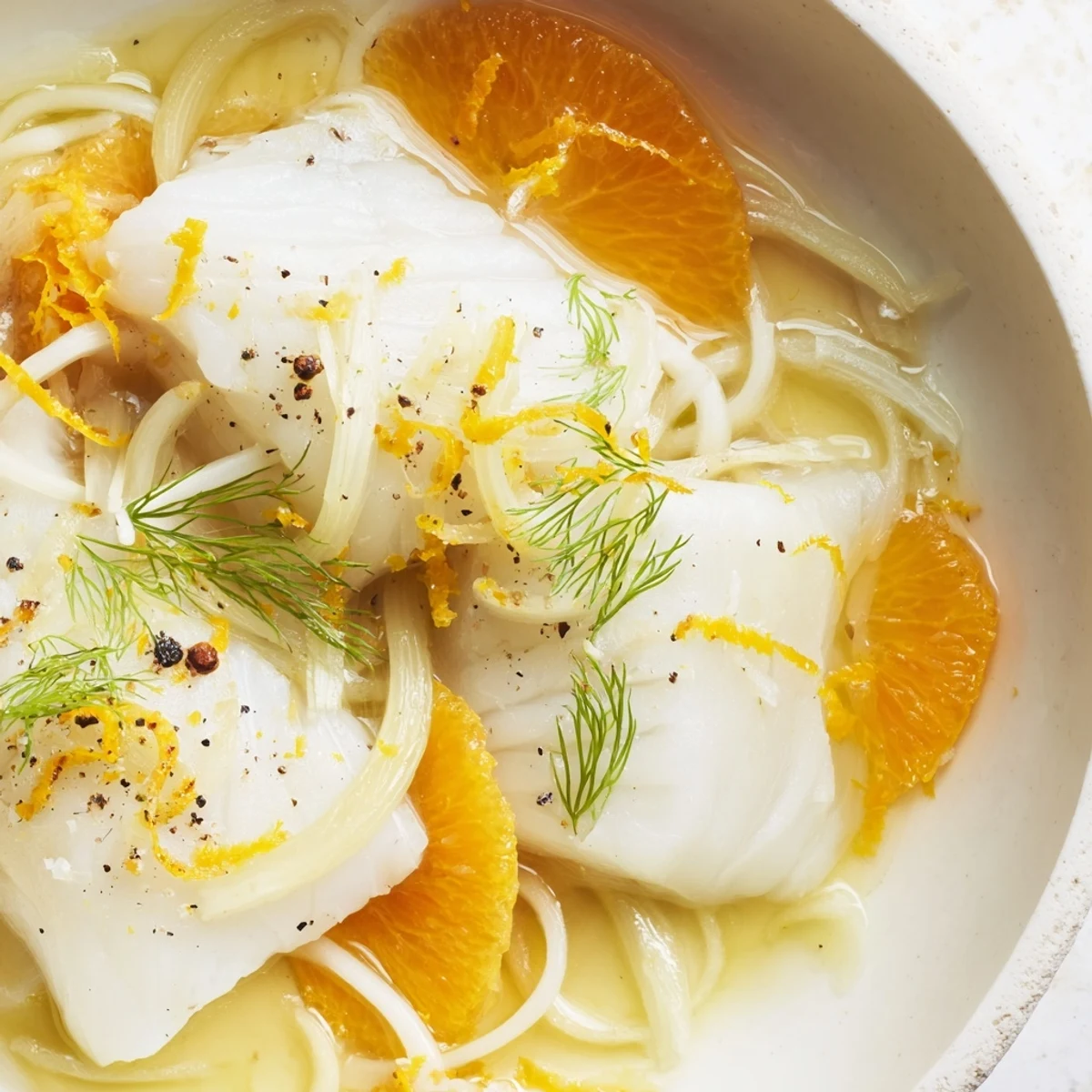 Flaky poached cod fillets nestled in a fragrant broth of fennel, bright orange slices, and aromatic herbs.