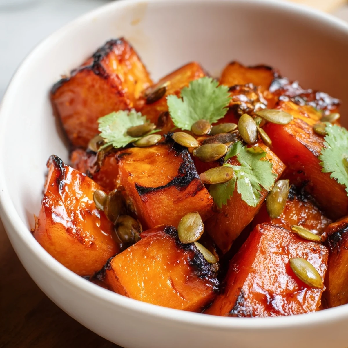 Warm, maple-roasted red kuri squash and spiced onions served in a vibrant bowl, topped with crisp pumpkin seeds and a fresh lime wedge.