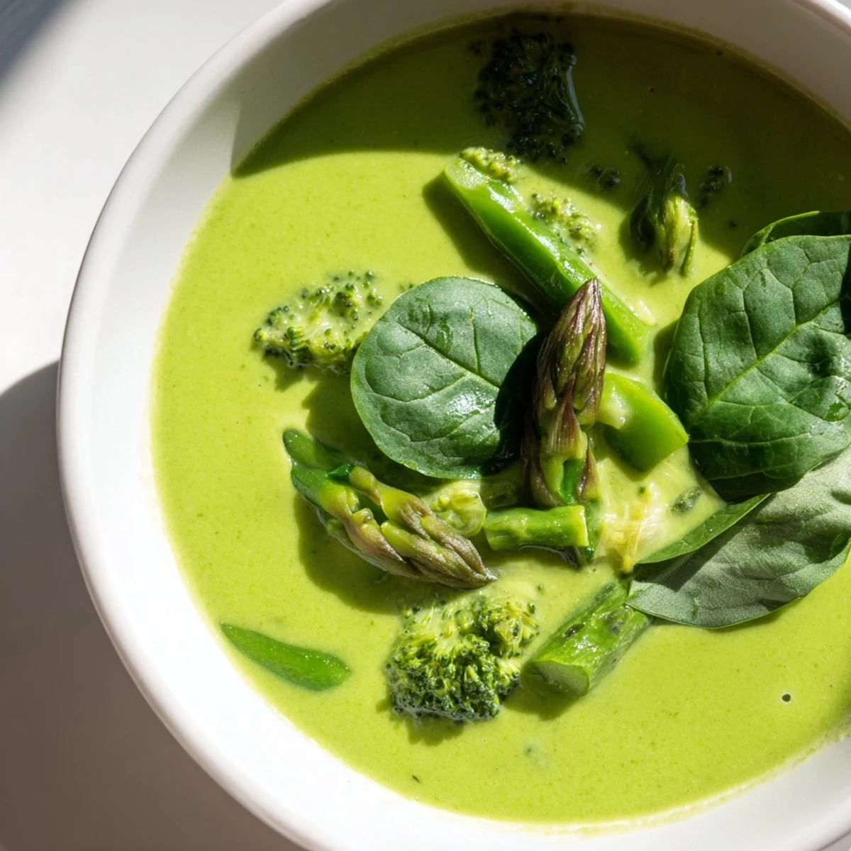 Steaming bowl of Big Green Immunity-Boosting Vegetable Soup with asparagus and broccoli, served alongside crusty whole-grain bread on a rustic wooden table.