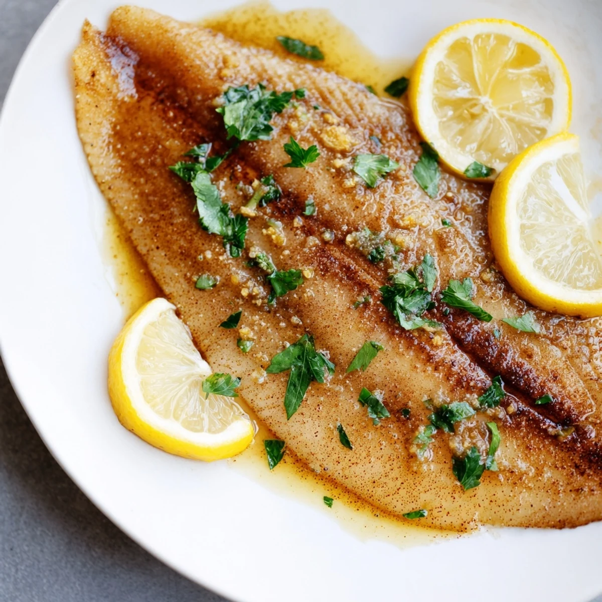 Golden-brown flounder meunière fillets resting in a pan, drizzled with lemon-brown butter sauce and fresh parsley garnish.