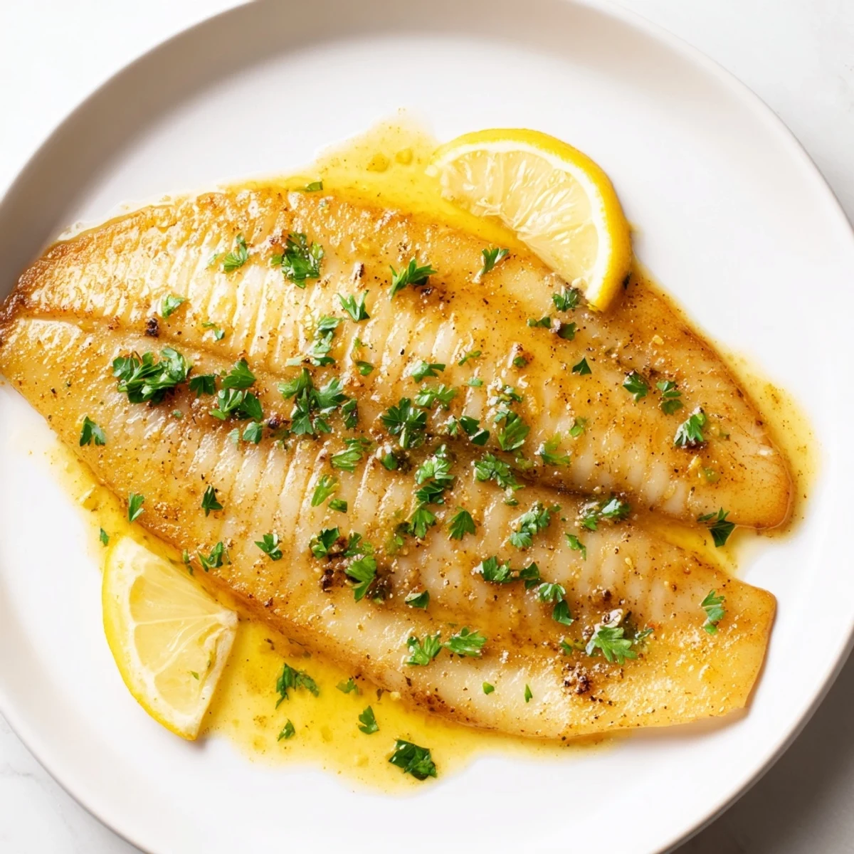 Delicate flounder meunière fillets pan-fried to perfection, garnished with parsley and lemon, ideal for a quick French-inspired dinner.
