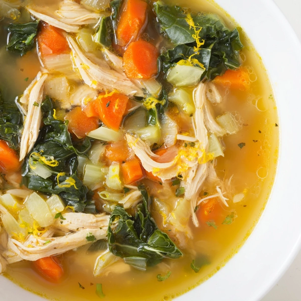 Tender shredded chicken and baby kale float in a vibrant golden broth of High Protein Lemon and Turmeric Chicken Soup, ready to be served.
