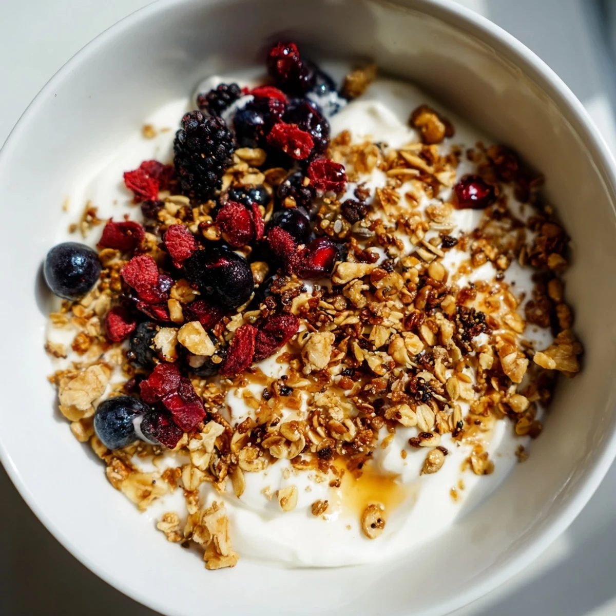 A nourishing breakfast serving of yogurt bowl with winter berries and crunchy cinnamon-oat topping on a rustic table.