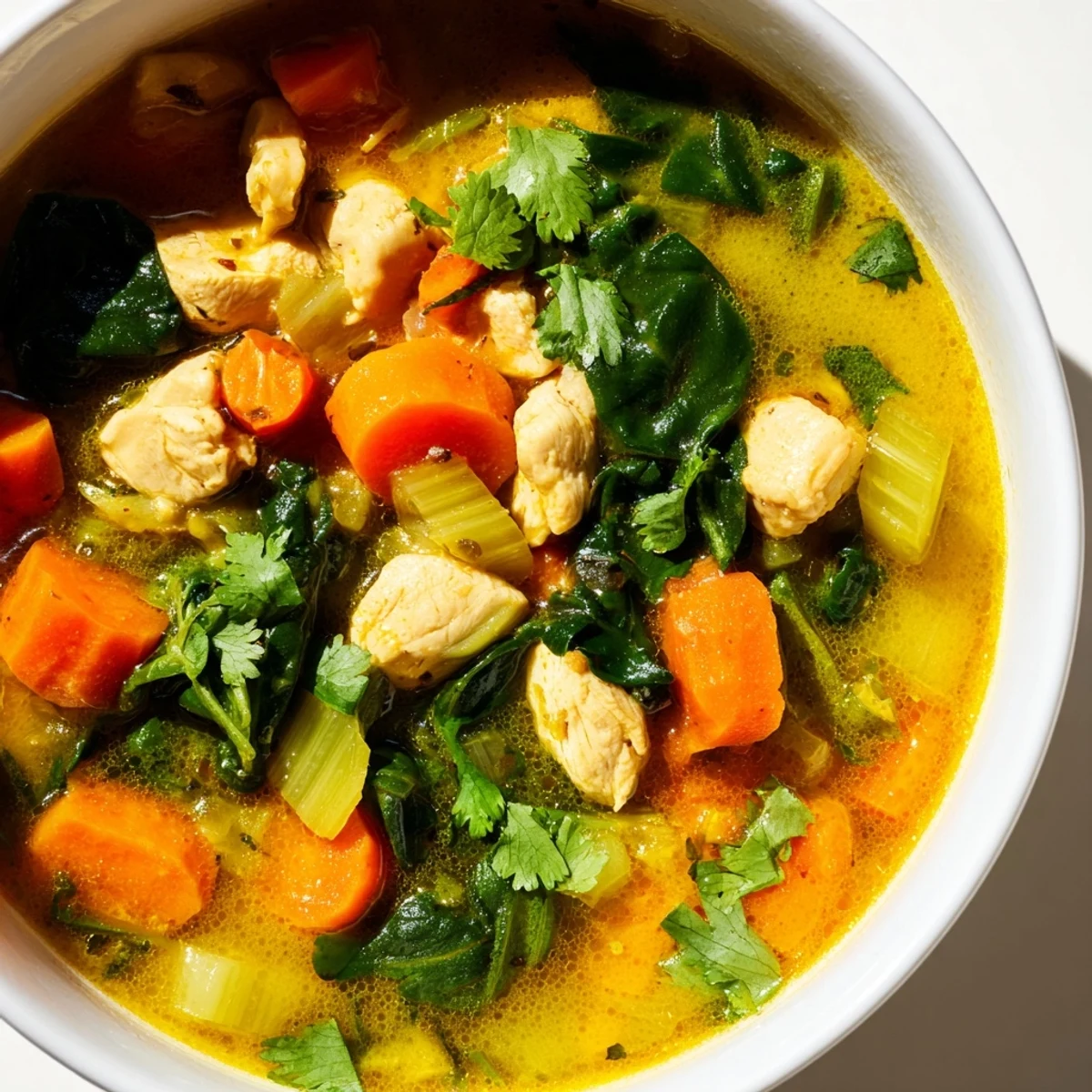 A vibrant bowl of golden Turmeric Chicken Soup, showcasing tender chicken pieces and fresh spinach in a fragrant, anti-inflammatory broth.