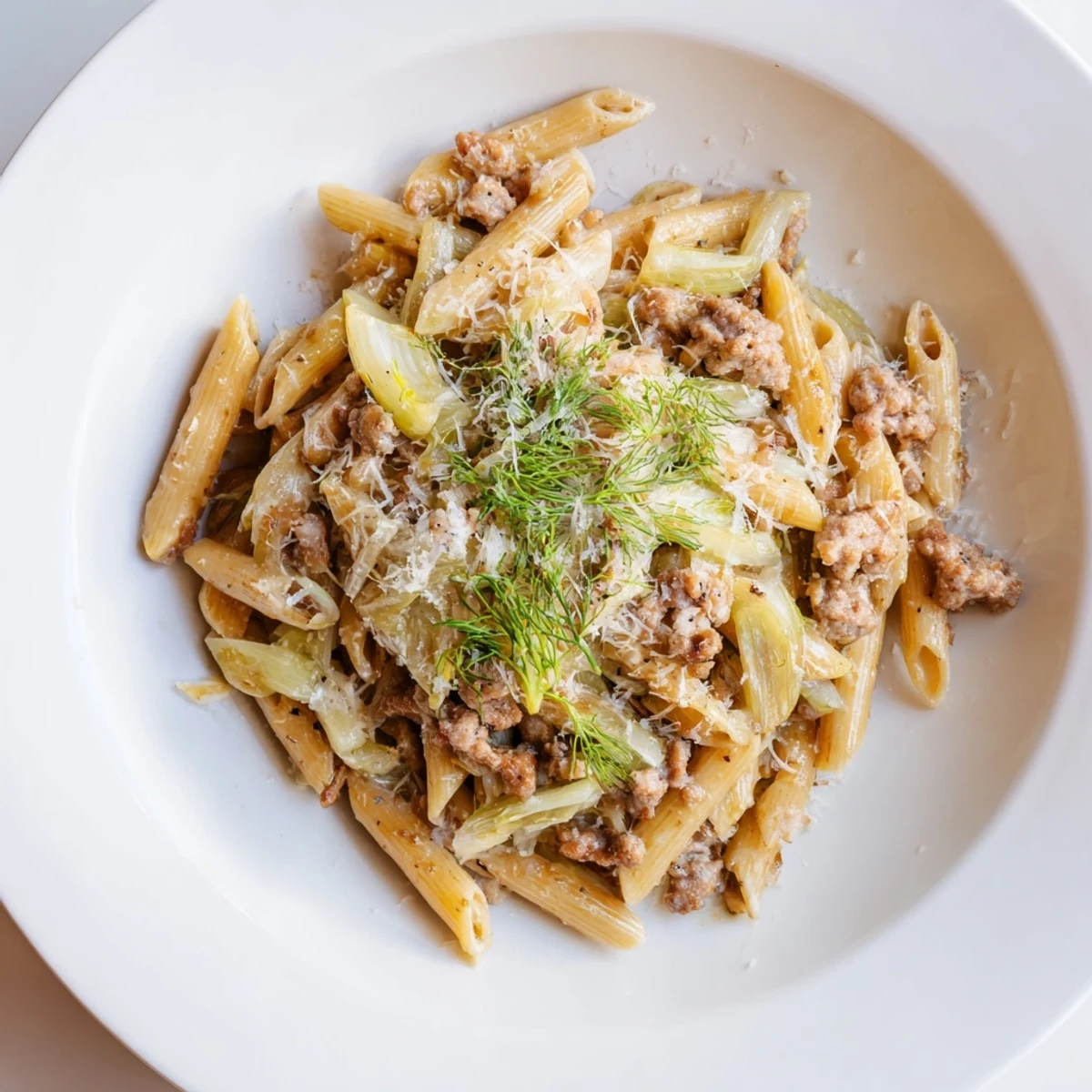 Golden brown Italian sausage crumbles and thinly sliced sweet fennel simmer in a light, aromatic sauce over penne pasta, finished with fresh parsley and grated Parmesan for a cozy weeknight meal.
