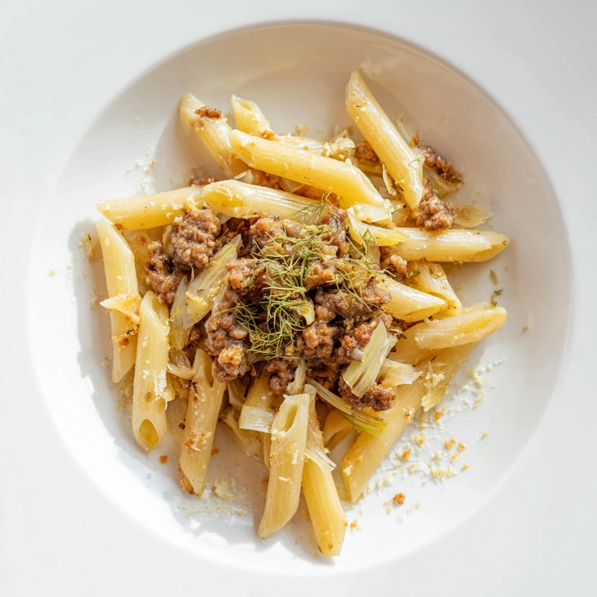 A close-up of a skillet dish featuring Winter Pasta with Sausage and Fennel, showcasing glistening pasta, caramelized fennel, and herbs, ready to serve on a rustic wooden table.