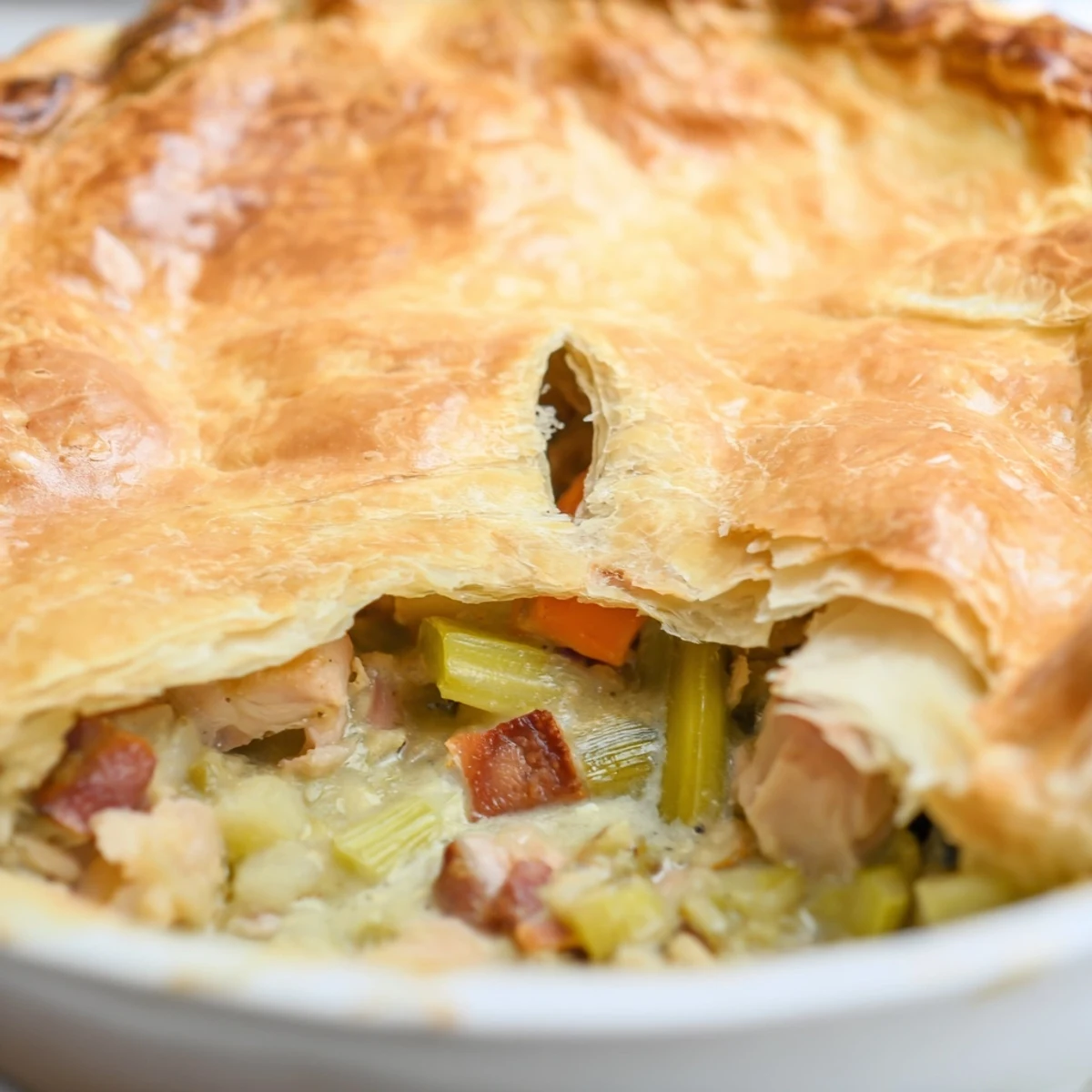 Golden, flaky pastry tops this hearty Chicken and Leek Pie filled with creamy herb chicken and sautéed leeks.