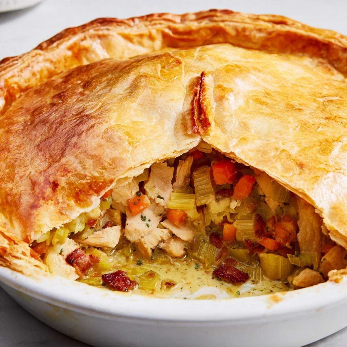 Steam rises from this freshly baked Chicken and Leek Pie, revealing tender chicken and smoky bacon inside.