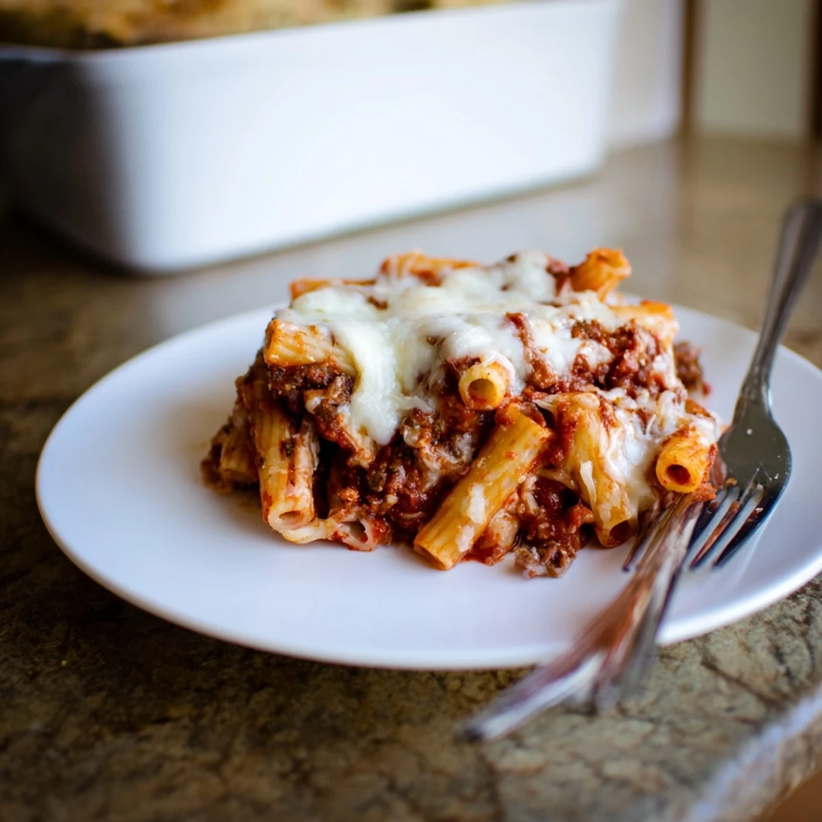 Golden-brown, bubbling Freezer Make-Ahead Baked Ziti with melted mozzarella and ricotta layers in a ceramic dish, ready to serve.  