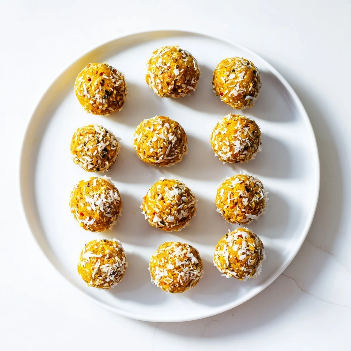 Rounded Ginger Turmeric Energy balls arranged in a small white bowl, perfect for a nourishing on-the-go snack.