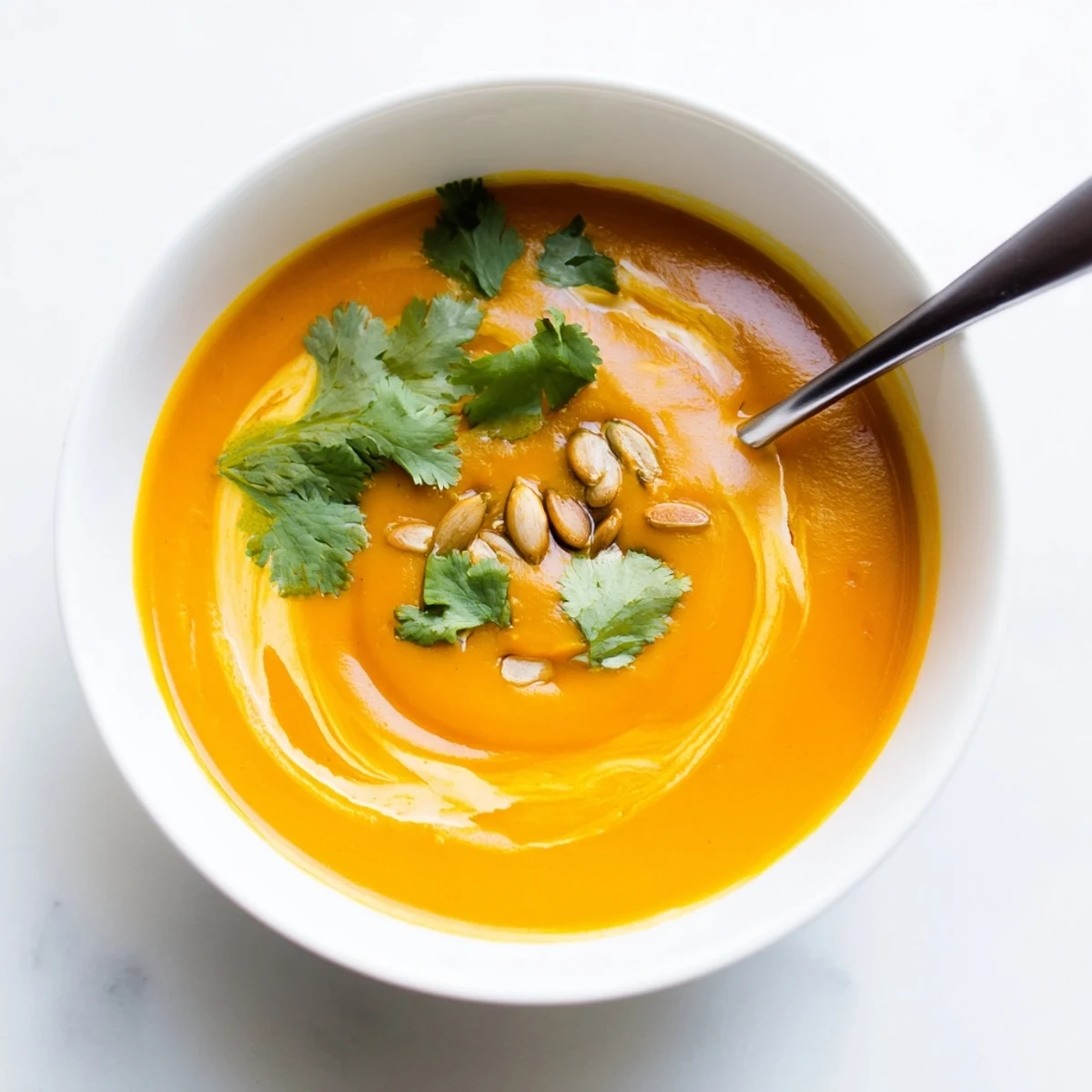 Steam rises gently from a bowl of homemade Carrot Ginger Soup, showcasing its velvety texture and bright orange hue.