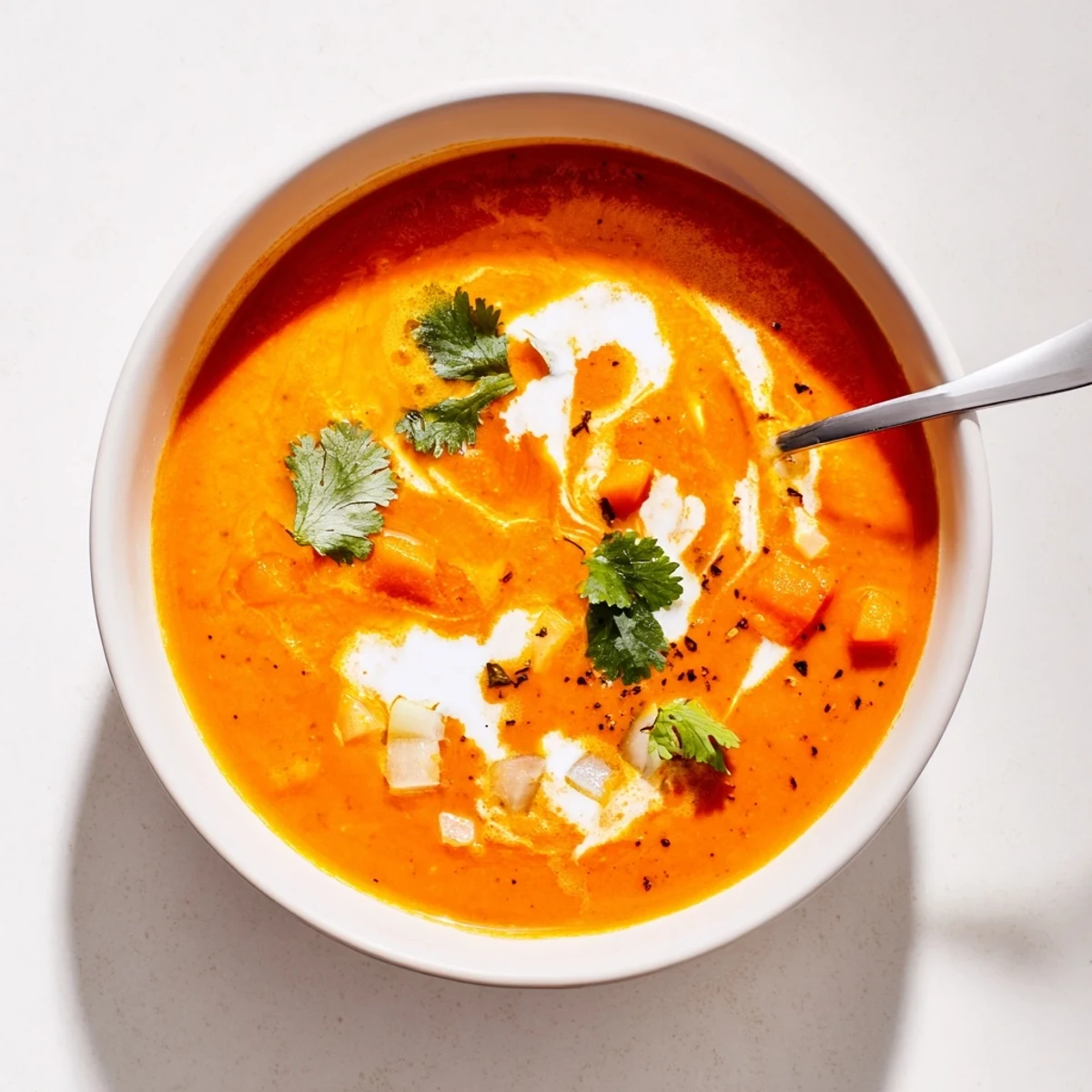 Warm roasted red pepper soup in a rustic bowl, ready to pair with gluten-free crusty bread.