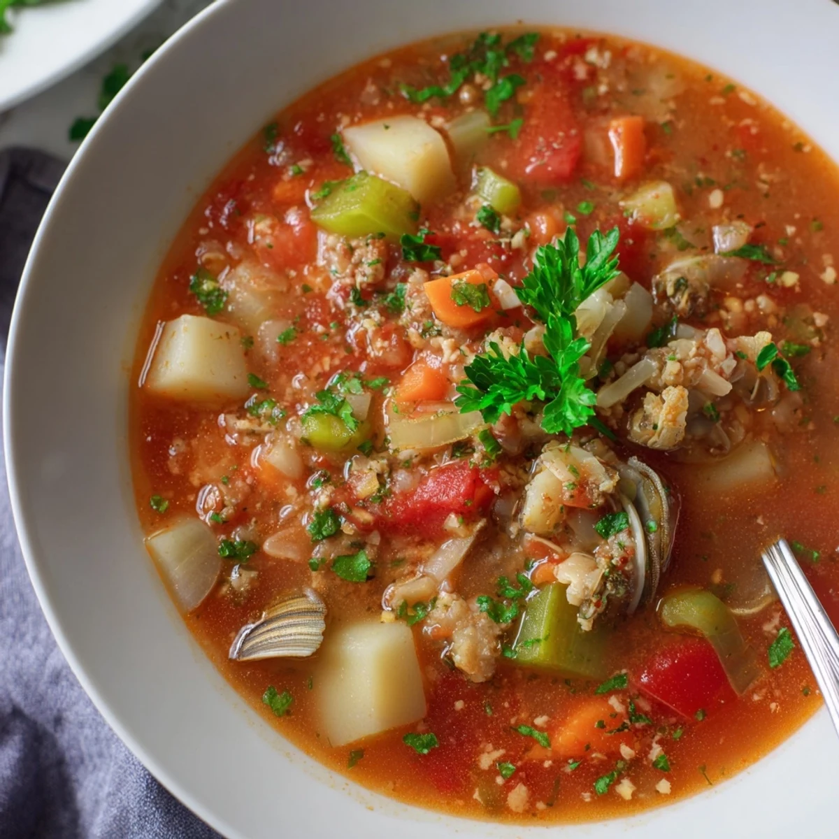 A close-up of Manhattan Clam Chowder, featuring tender clams, diced potatoes, and red tomatoes in a vibrant, aromatic broth, garnished with fresh parsley.  