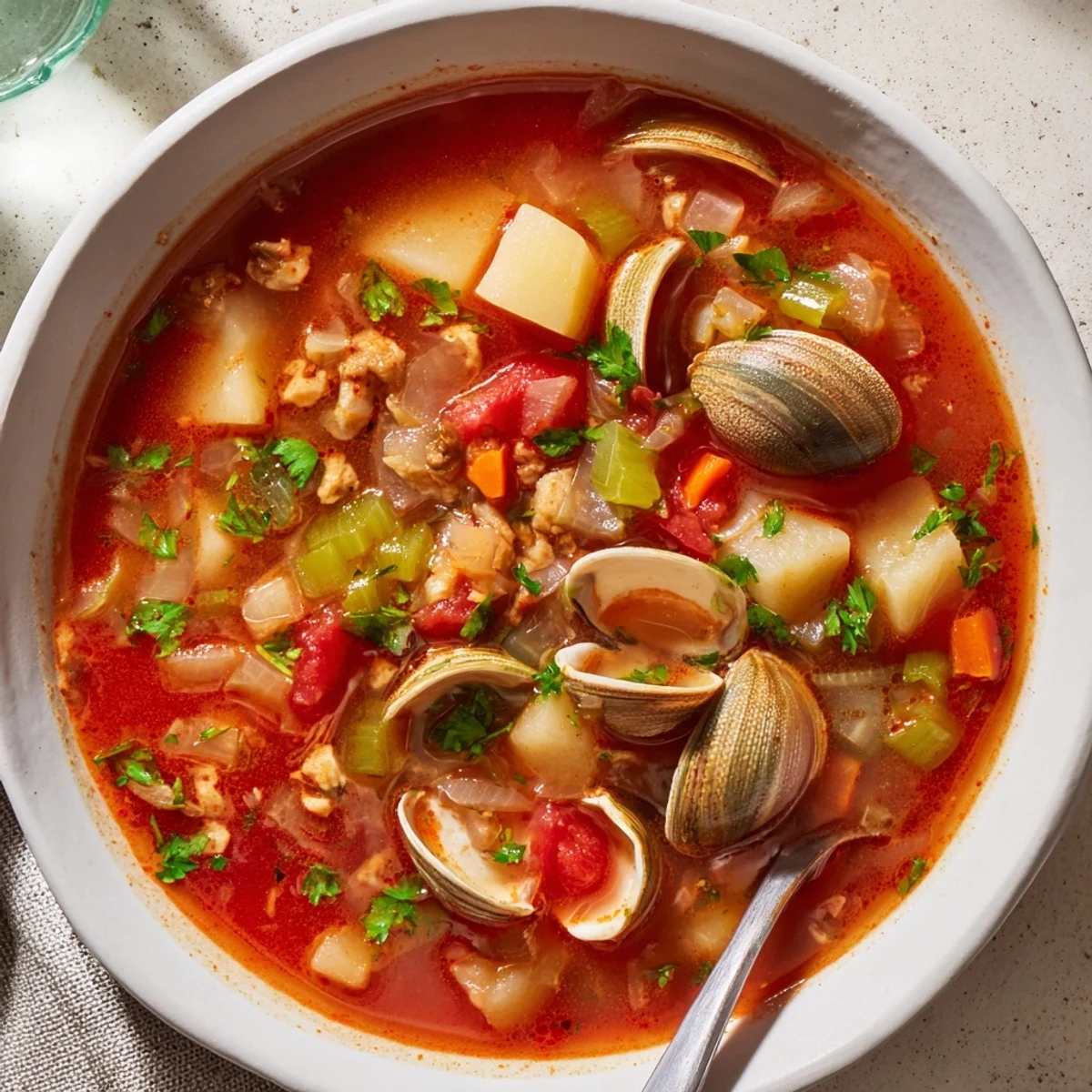 A ladle pours a rich, tomato-based Manhattan Clam Chowder over diced potatoes and clams in a white ceramic soup bowl.