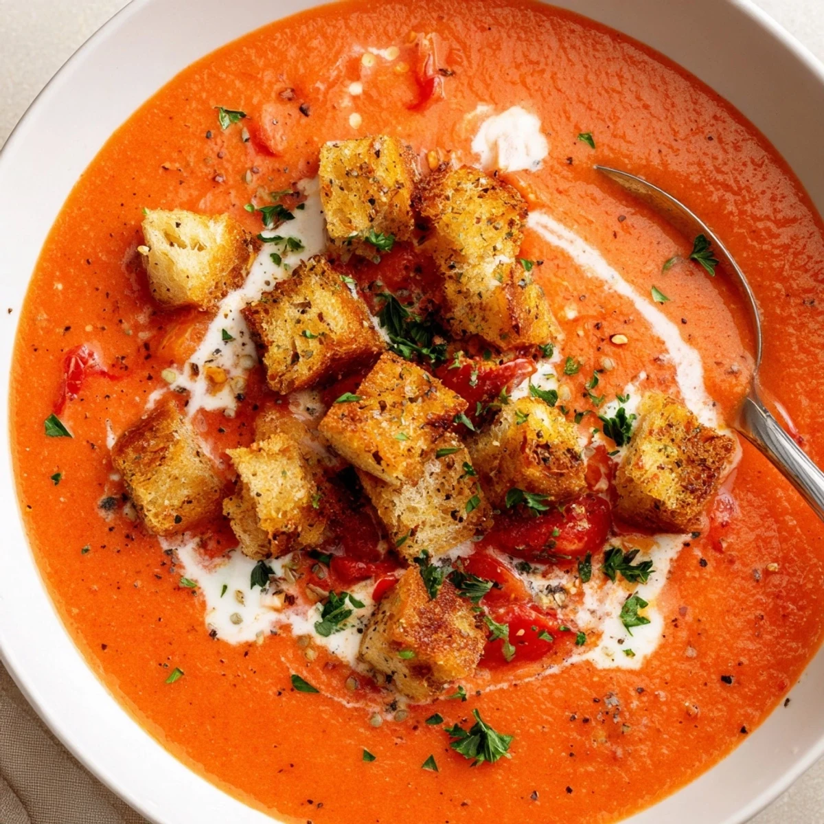 The Roasted Red Pepper Soup With Crispy Croutons is served in a rustic white bowl, showcasing its vibrant red-orange hue and garnished with fresh parsley.  
