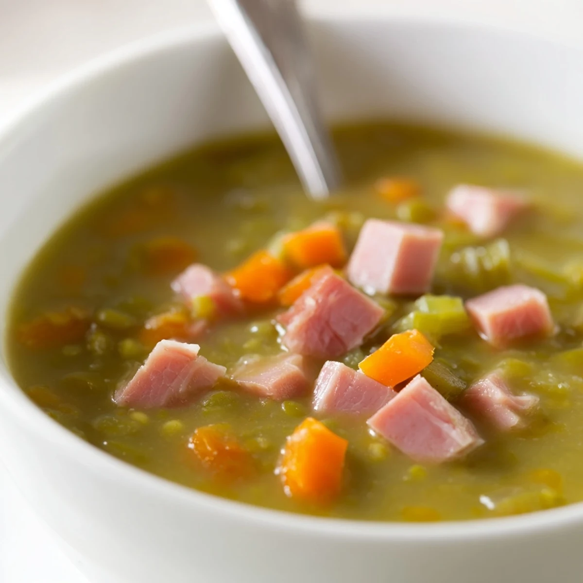 Creamy Split Pea and Ham Soup with tender chunks of ham and diced carrots, ready to warm up a cold evening.