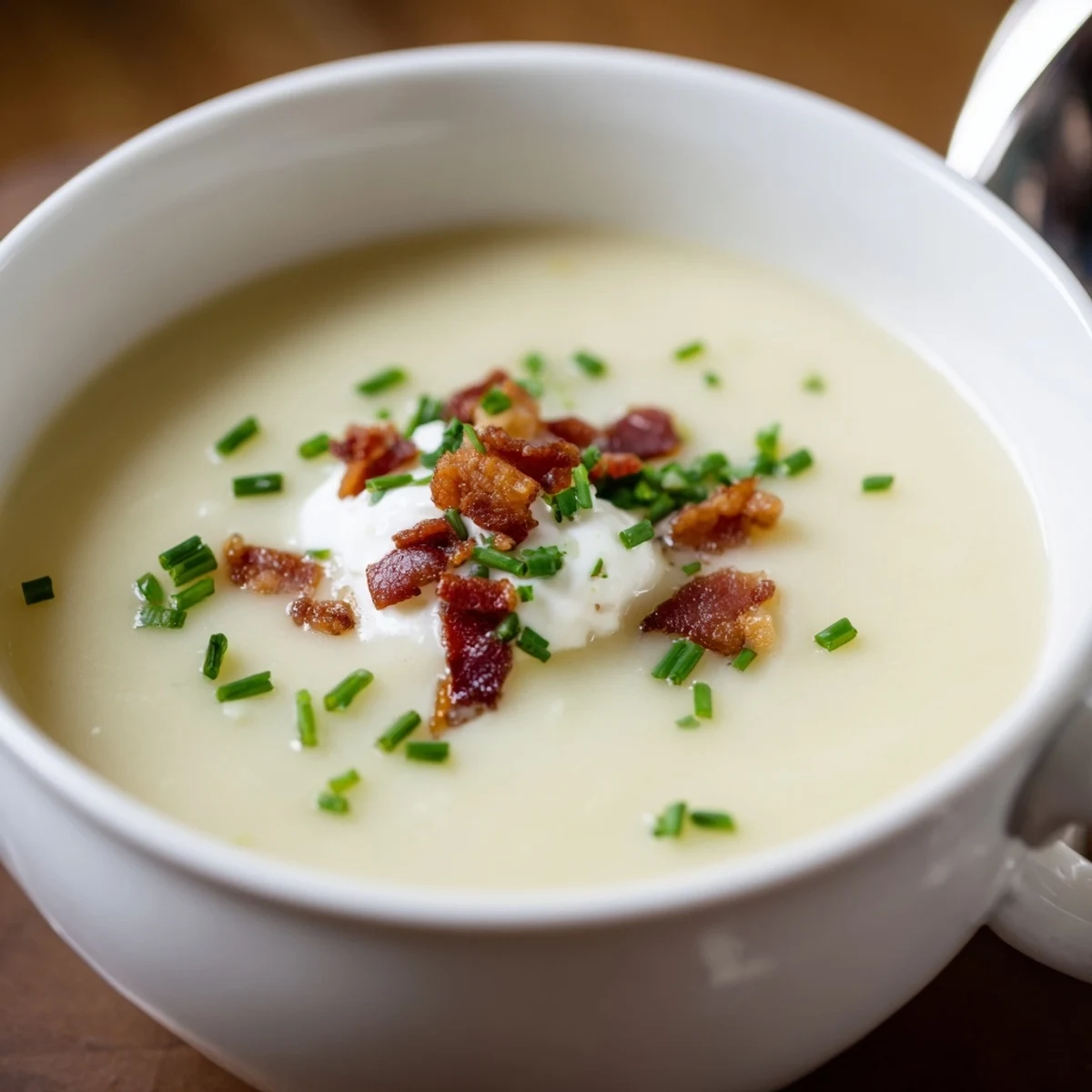 Cream of Potato Soup sits beside crusty bread, a comforting meal for chilly evenings.