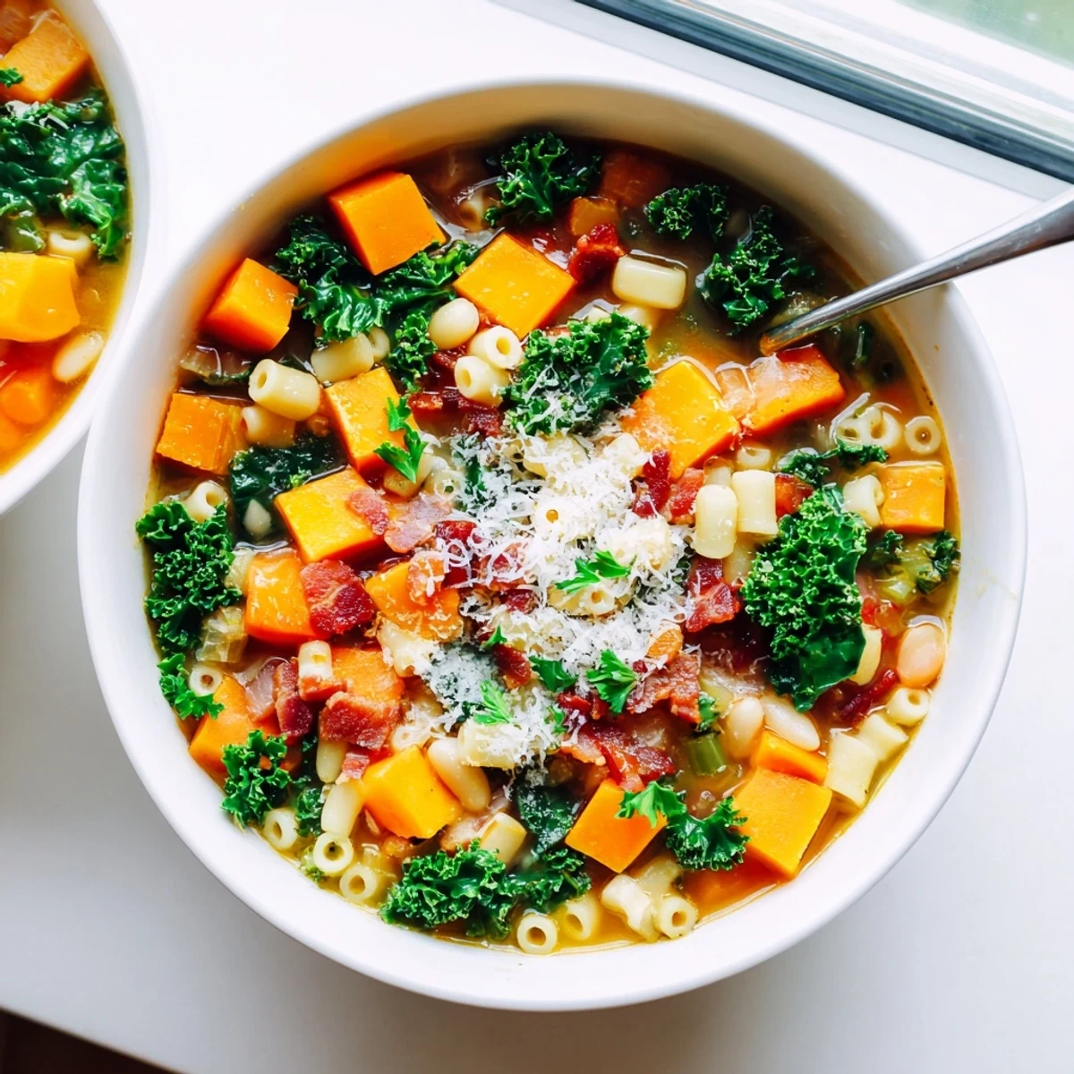 Hearty Fall Minestrone served in a rustic bowl, topped with fresh parsley and melted Parmesan cheese.