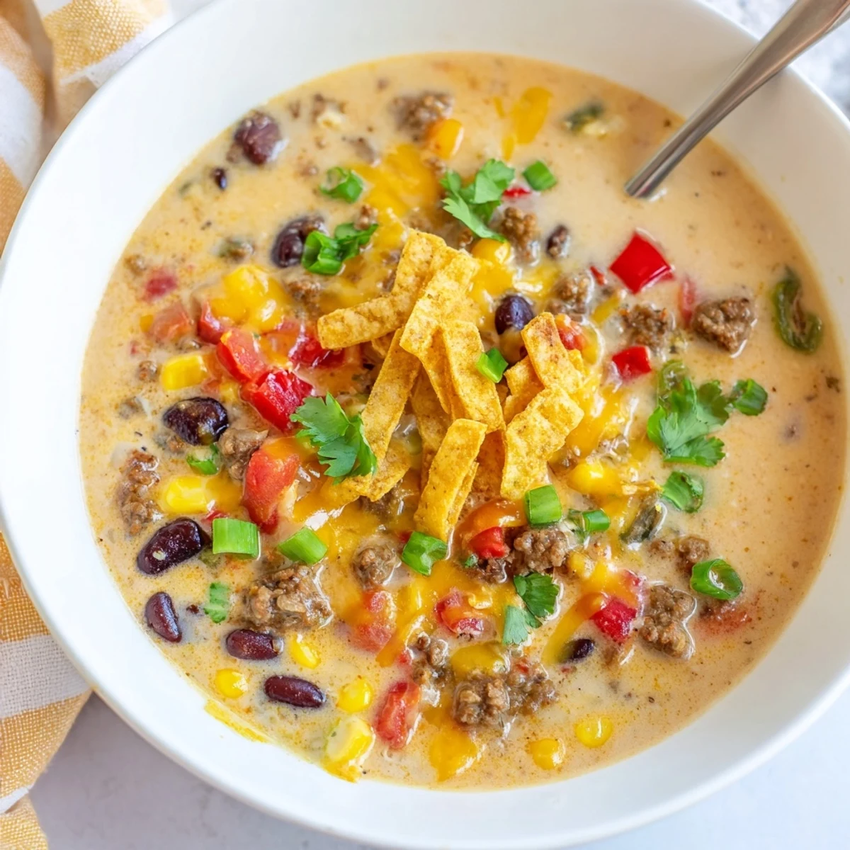 Creamy Taco Soup steaming in a rustic bowl, topped with shredded cheese, sliced green onions, and a dollop of sour cream.  