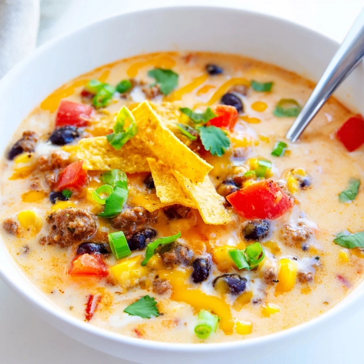 Creamy Taco Soup served with lime wedges and crushed tortilla chips, perfect for a cozy Tex-Mex dinner.