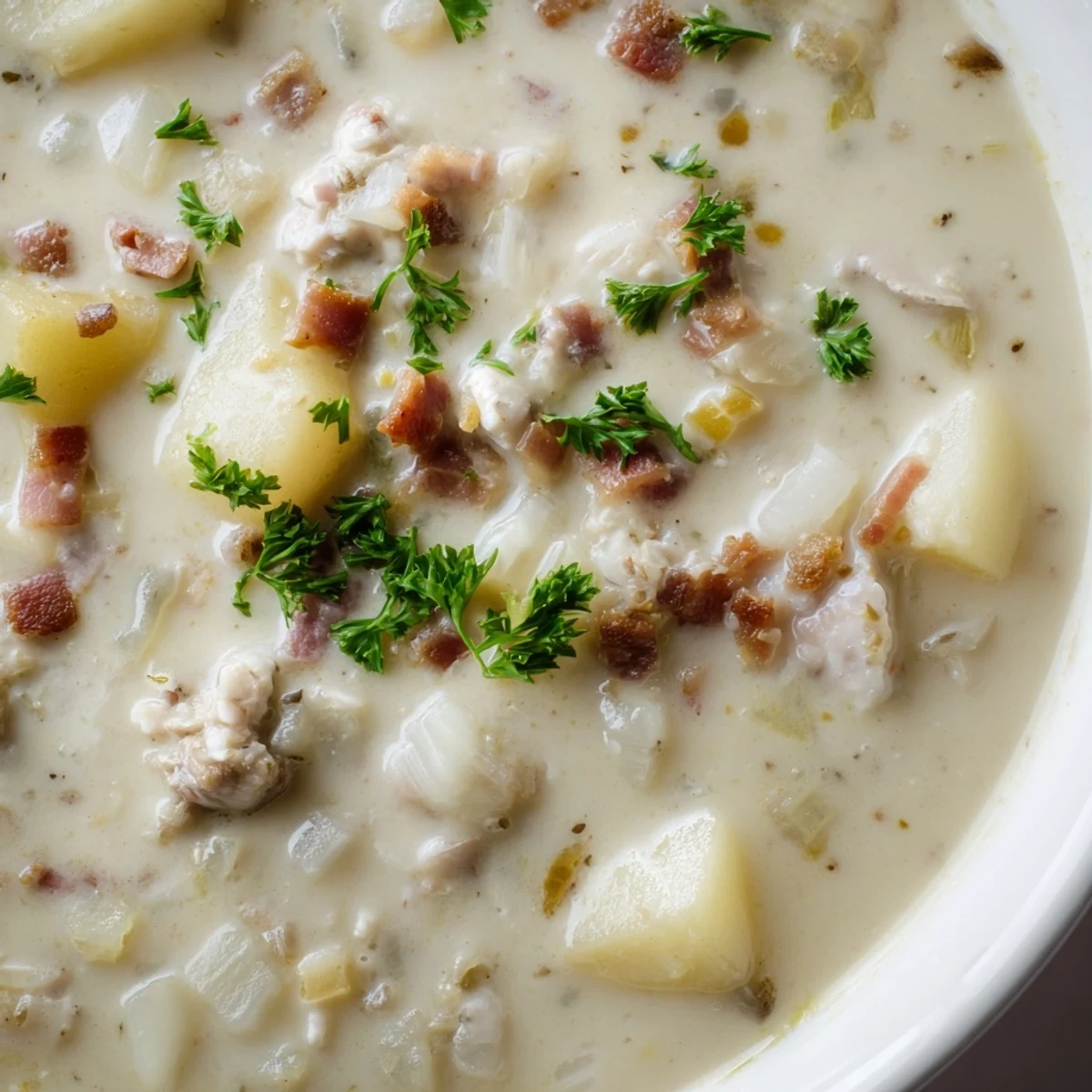 A bowl of hearty New England Clam Chowder, served hot with oyster crackers on the side.