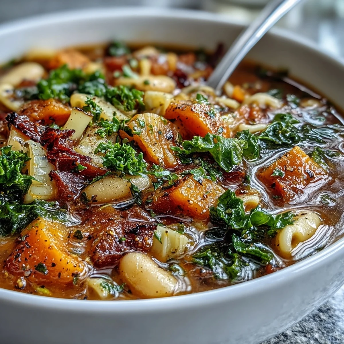 A hearty bowl of Winter Minestrone Soup featuring tender squash, kale, and pasta in a rich broth, garnished with Parmesan.  