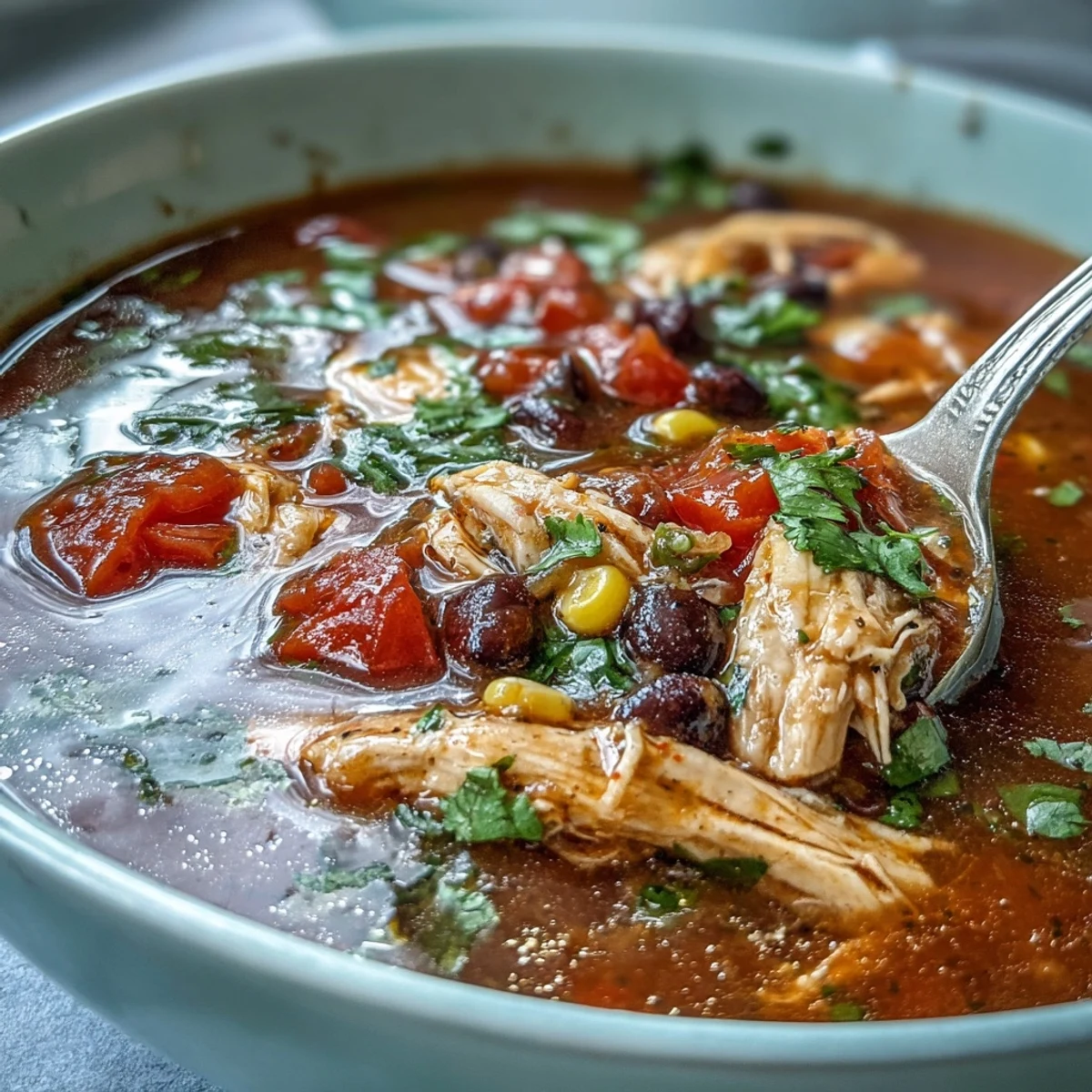 Colorful Southwestern Turkey Soup bowl, topped with fresh cilantro and lime.