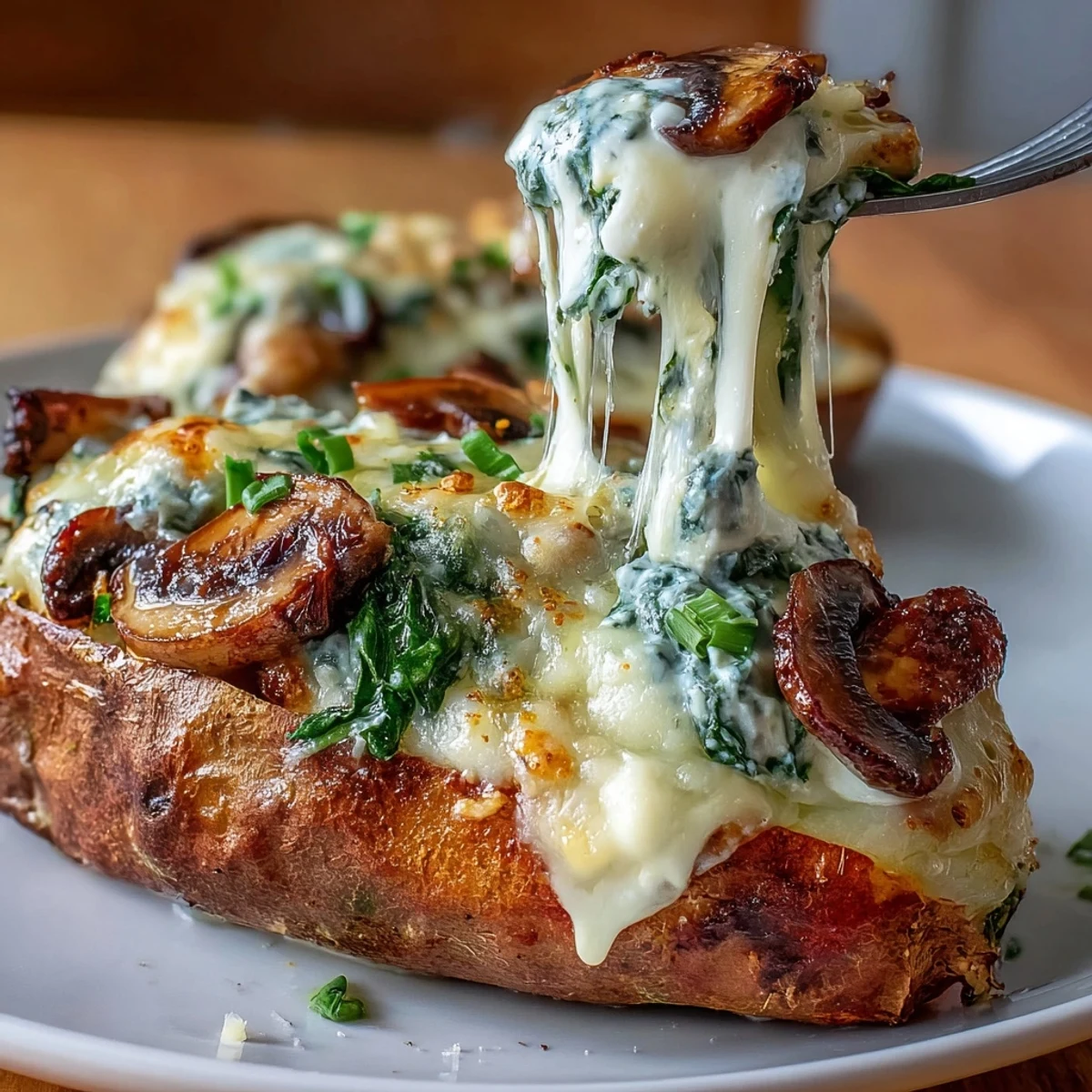 Golden roasted sweet potatoes split open to reveal a rich, creamy filling of sautéed mushrooms and wilted spinach, topped with melted cheese.  