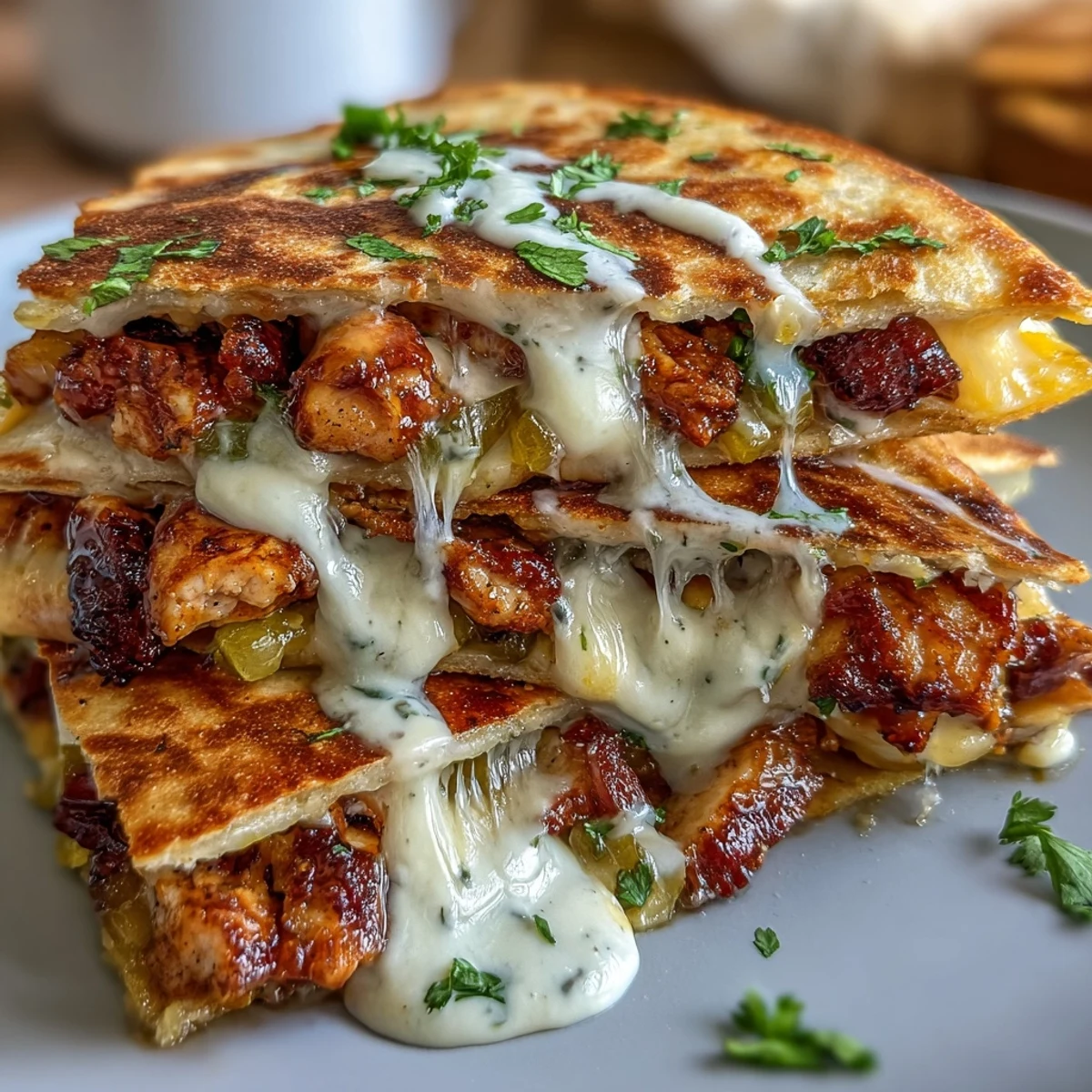 Golden-brown Cheesy Hot Honey Chicken Quesadillas resting on a rustic board, showing melted cheddar and Monterey Jack cheese oozing from the edges.