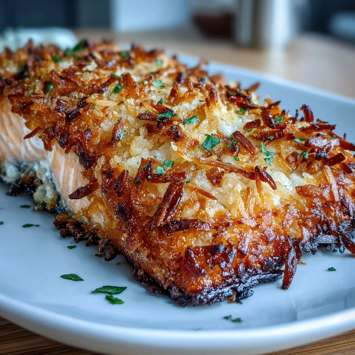 Pan-seared coconut crusted salmon with crispy texture and juicy pineapple salsa, perfect for a tropical dinner.