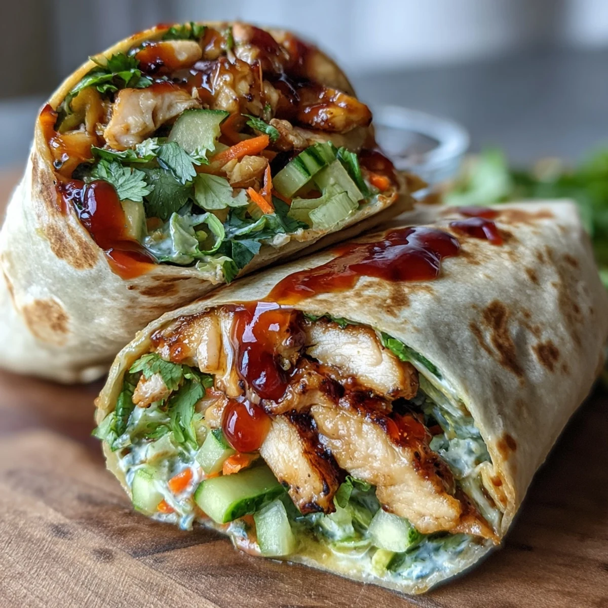 Golden-brown chicken strips coated in sweet chili sauce, nestled in a warm flour tortilla with crisp lettuce, shredded carrots, and diced cucumbers.