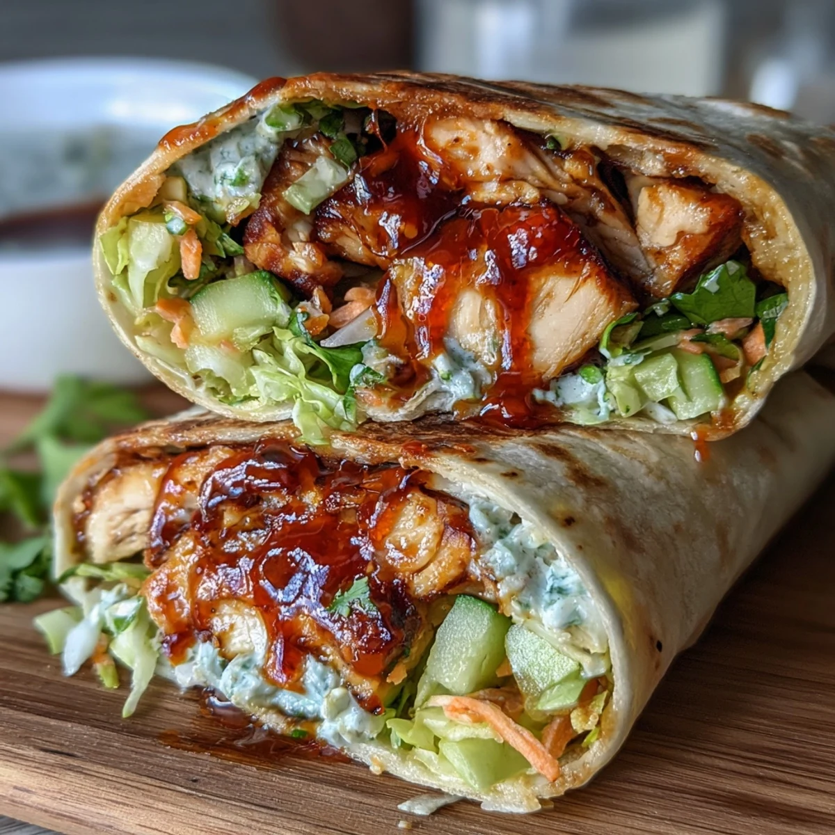 Savory marinated chicken breast meets crunchy veggies and a zesty drizzle in these easy-to-make Sweet Chili Chicken Wraps.