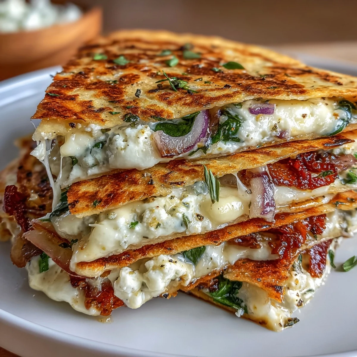 Golden-brown Mediterranean Quesadillas with Spinach, Feta, Mozzarella, and Red Onion resting on a wooden board.
