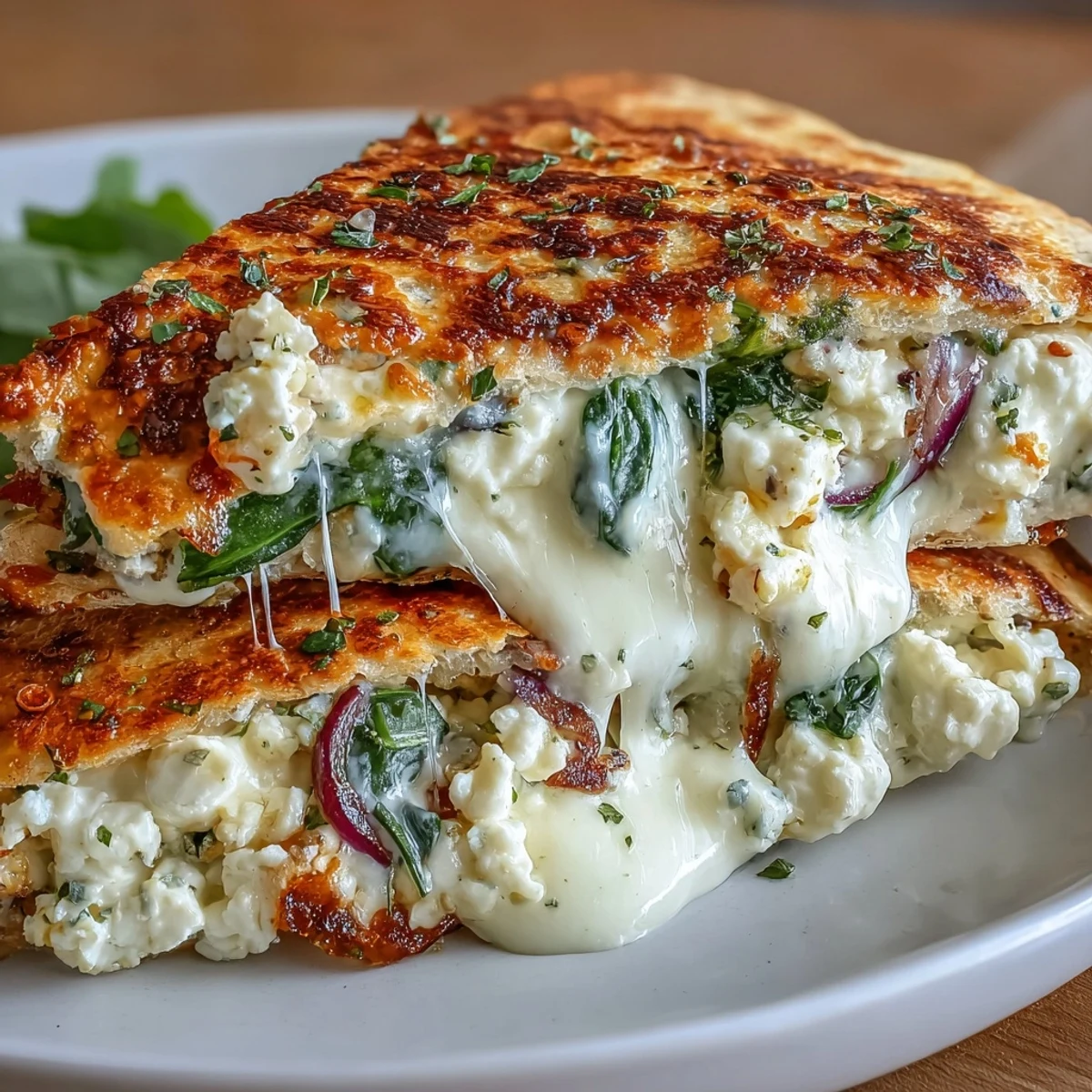 Vibrant Mediterranean Quesadillas with Spinach, Feta, Mozzarella, and Red Onion showcasing melted cheese and colorful veggies.