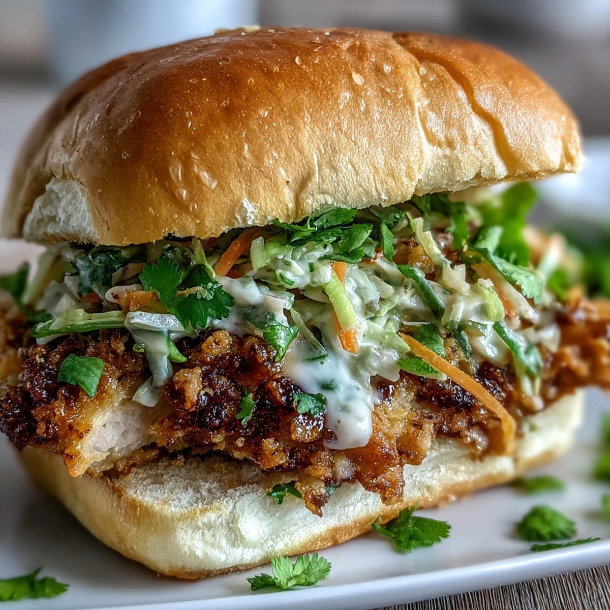 Golden-brown Thai fried chicken sandwich on a toasted brioche bun, layered with pickled carrots and fresh cilantro.  