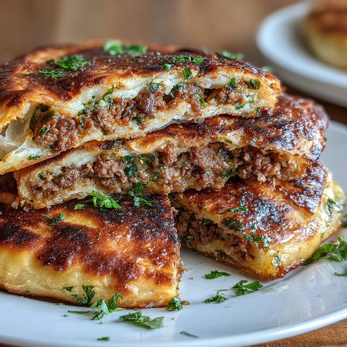 Freshly cooked Crispy Lebanese Arayes served warm with a side of garlic yogurt and lemon wedges.  