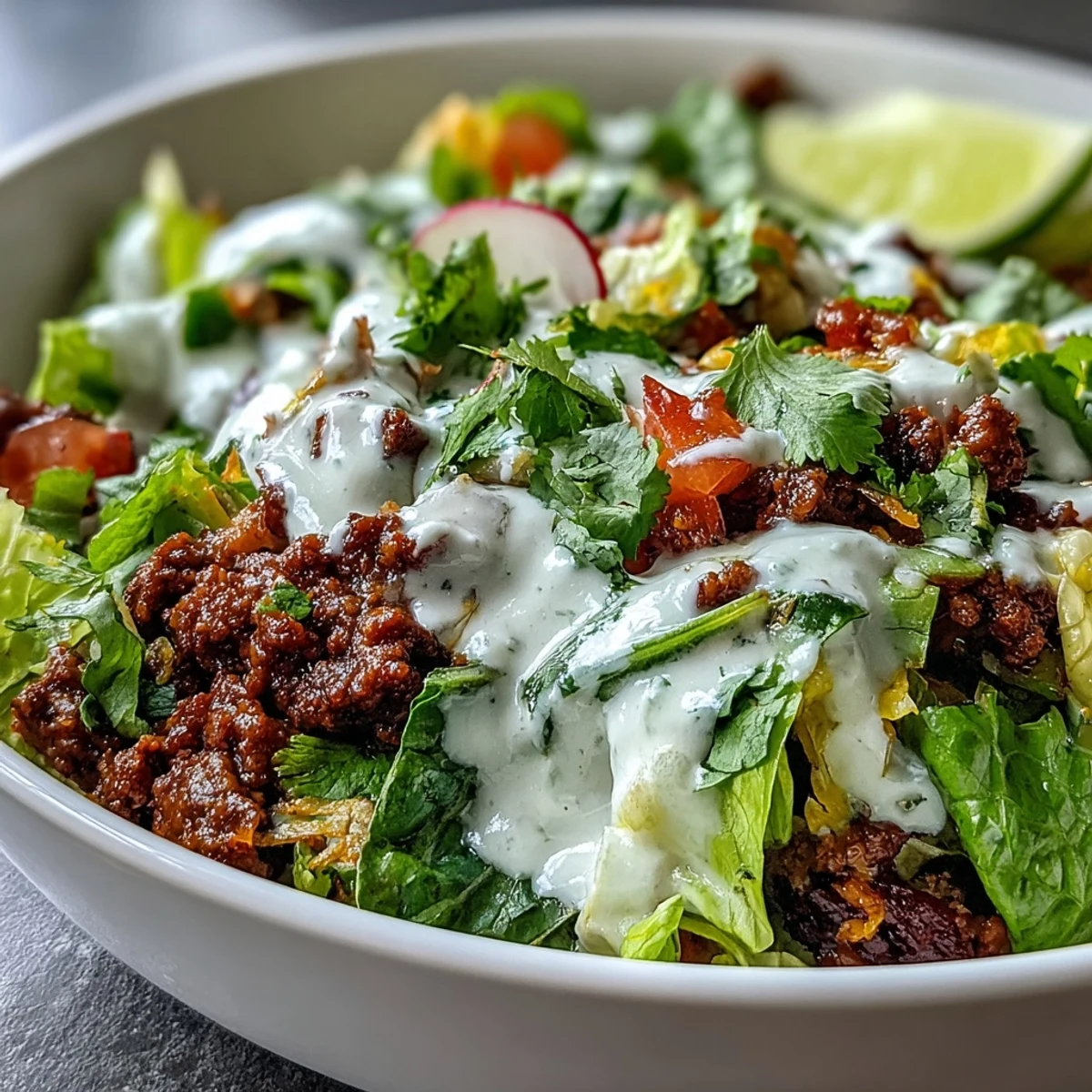 Delicious Healthy Taco Bowl featuring seasoned beef and crisp toppings, ready to eat.