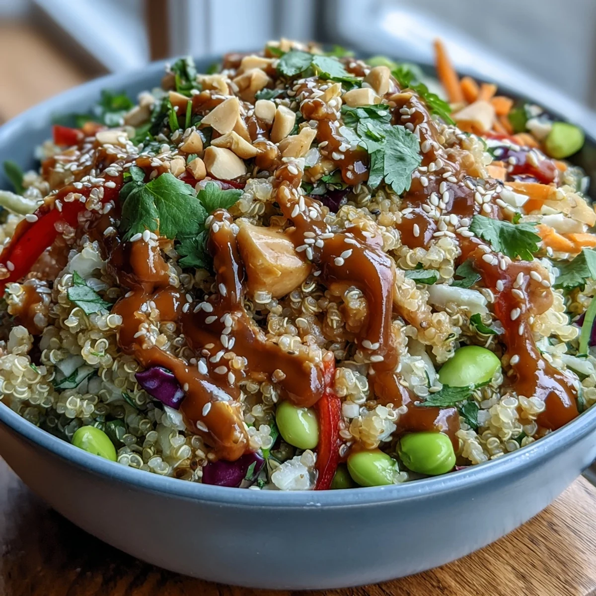 Vibrant Thai Coconut Quinoa Bowl bursting with colorful crisp vegetables and dreamy peanut sauce.